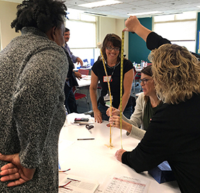  Group working on the spaghetti tower activity at a Team Science Workshop in 2018.  