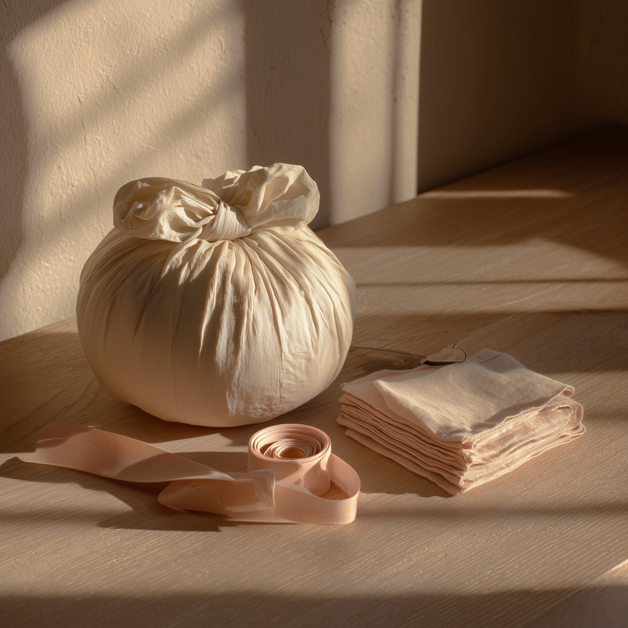 A beige cloth bundle, a folded set of light pink and cream cloths, and a necktie on a wooden table.