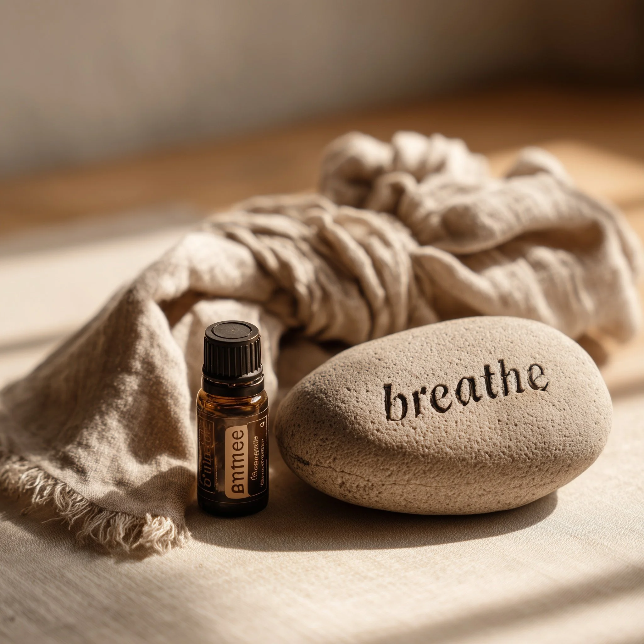 A small bottle of lavender essential oil labeled "breathe", a beige stone with "breathe" engraved on it, a light-colored fabric tied in a bow, and a smooth background.