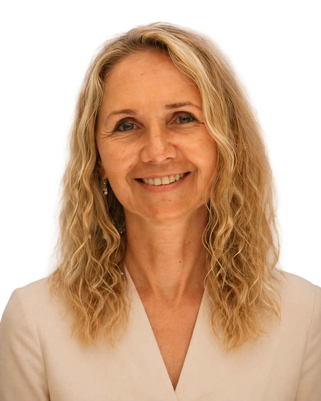 A woman with blonde, wavy hair, smiling, wearing a beige top, with a neutral background.