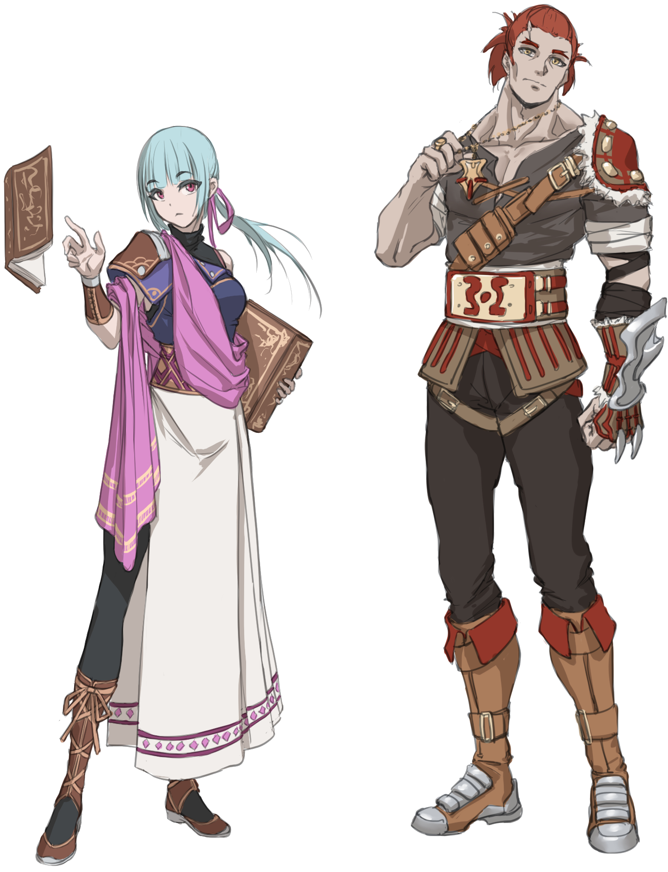 Full-colour image of an Apprentice character in cloth gear holding one book and pointing at a second, suspended book, and a Brawler character in fighting leathers.