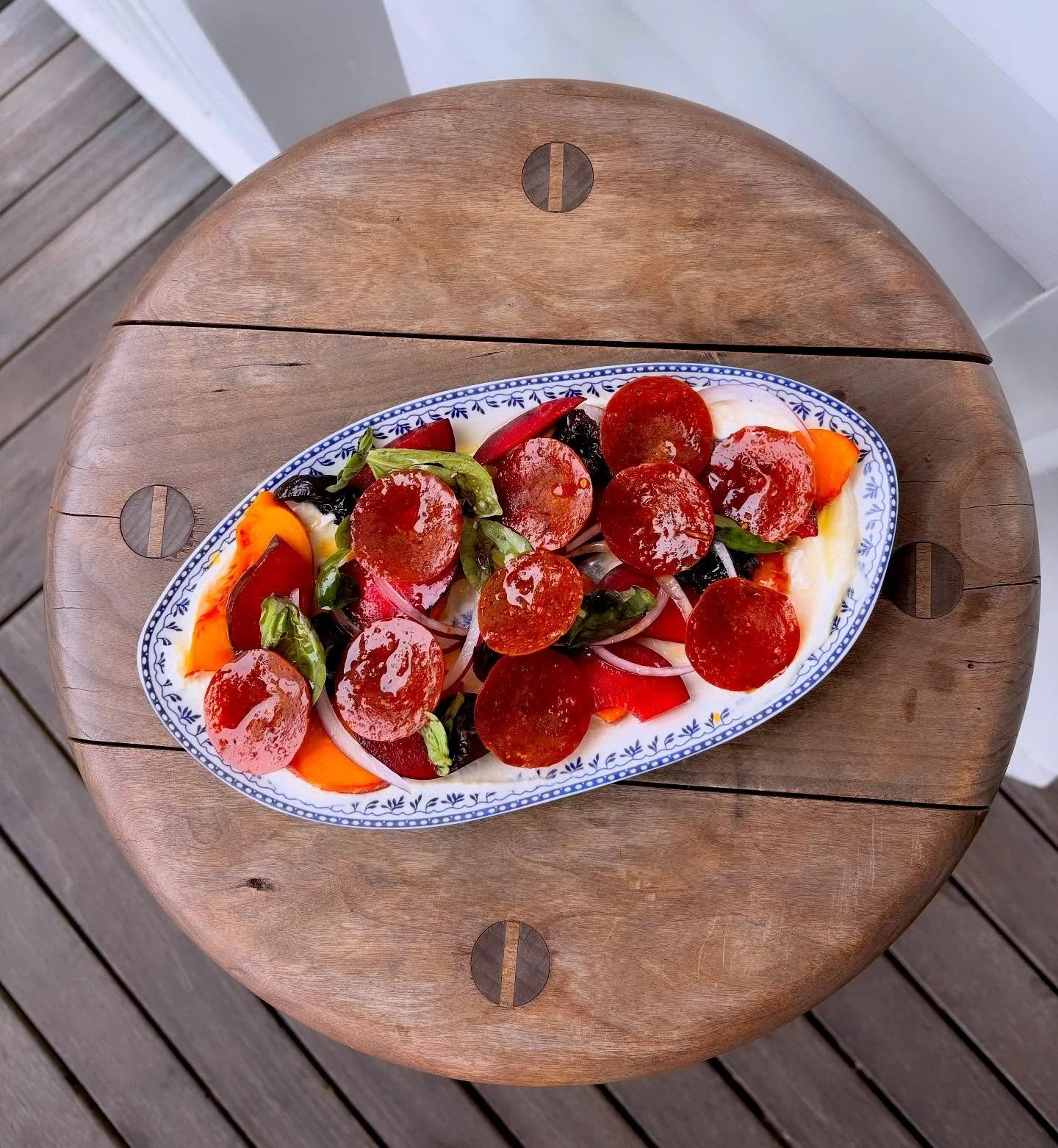 When you add a whole lotta perfect New England stone fruit &amp; pepperoni together, does it make it a stone(r) fruit salad?  Hitting the menu tonight!  Peaches, plums, cherries, crispy roni cups, ricotta, red onion &amp; basil!  Open at 5:30! 🍕 🍑 