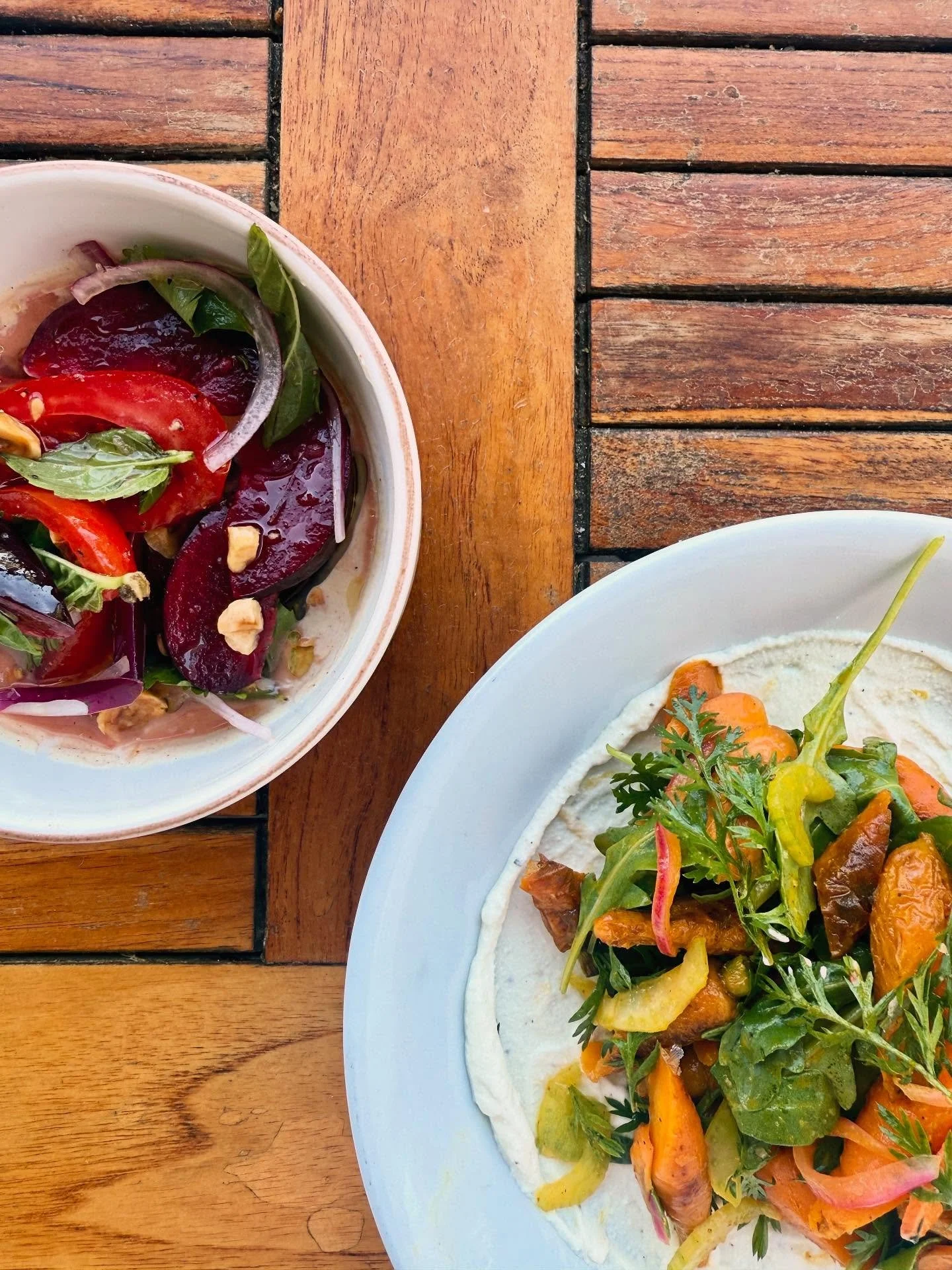 The makings of summer.  NEW tomato &amp; black plum salad with hazelnuts &amp; coriander studded yogurt PLUS @fogtownfarm pan-roasted &amp; marinated carrots with whipped ricotta, carrot tops, preserved lemon, et al!  PLUSSSSS!  A few new by the glas
