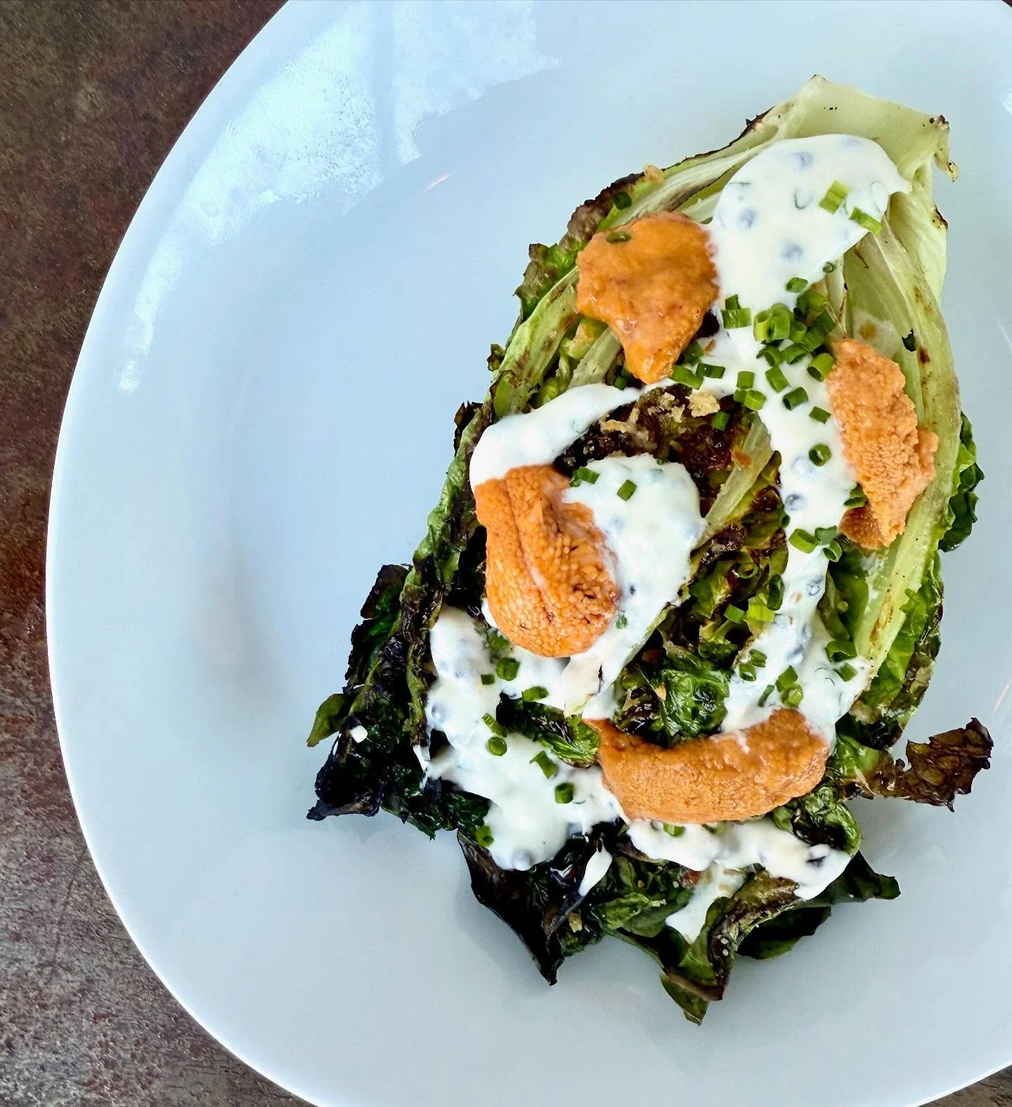 LIMITED EDITION ADDITION!  Sweet &amp; salty perfect Maine uni, grilled @fogtownfarm little gem lettuces, creme fraiche &amp; caviar vinaigrette &amp; breadcrumbs!  Only 4 orders!  Come quick! 🥬 🌊 😋