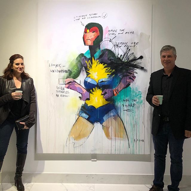 Lister #artbasel2019 - It&rsquo;s not a banana, but we like it. The large painting sold seconds after we posed for a picture in front of it. #dafaluck #dafanightout @robertfontainegallery
