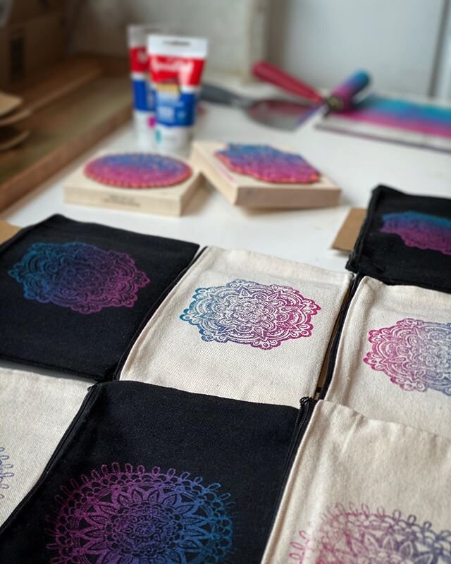 Doing some #blockprinting on canvas pouches. Coming soon! Perfect for Spring!
