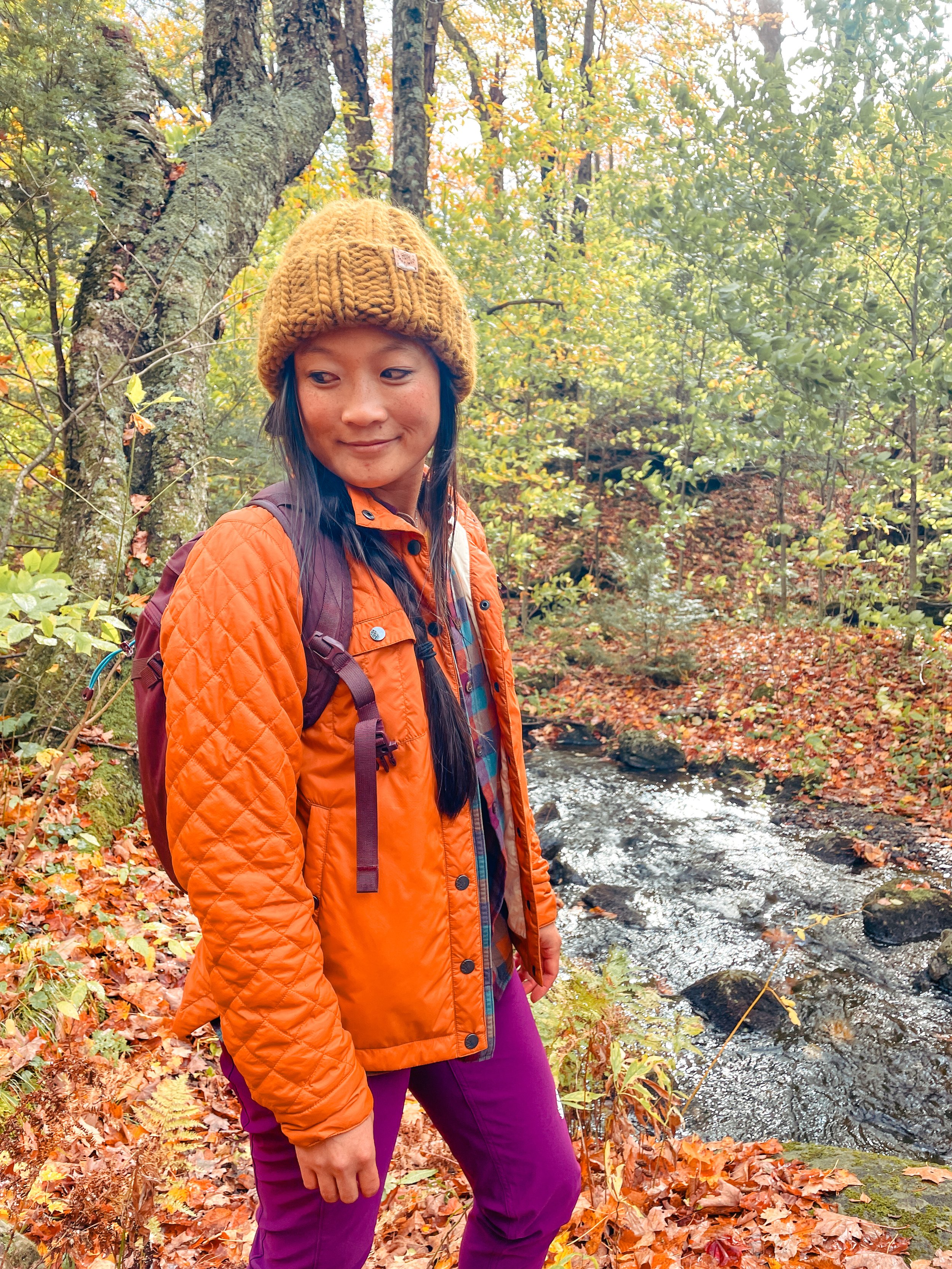 knit beanie for women bronze yellow Stio Skycrest puffy shirt