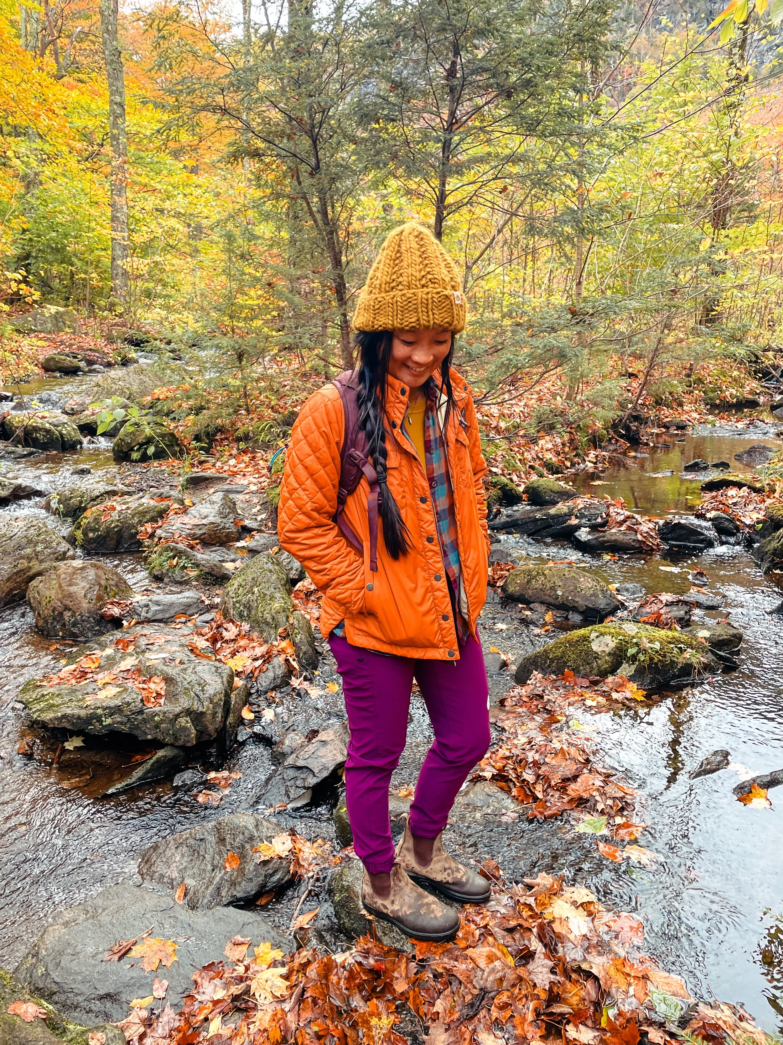 knit beanie for women bronze yellow Stio Skycrest puffy shirt