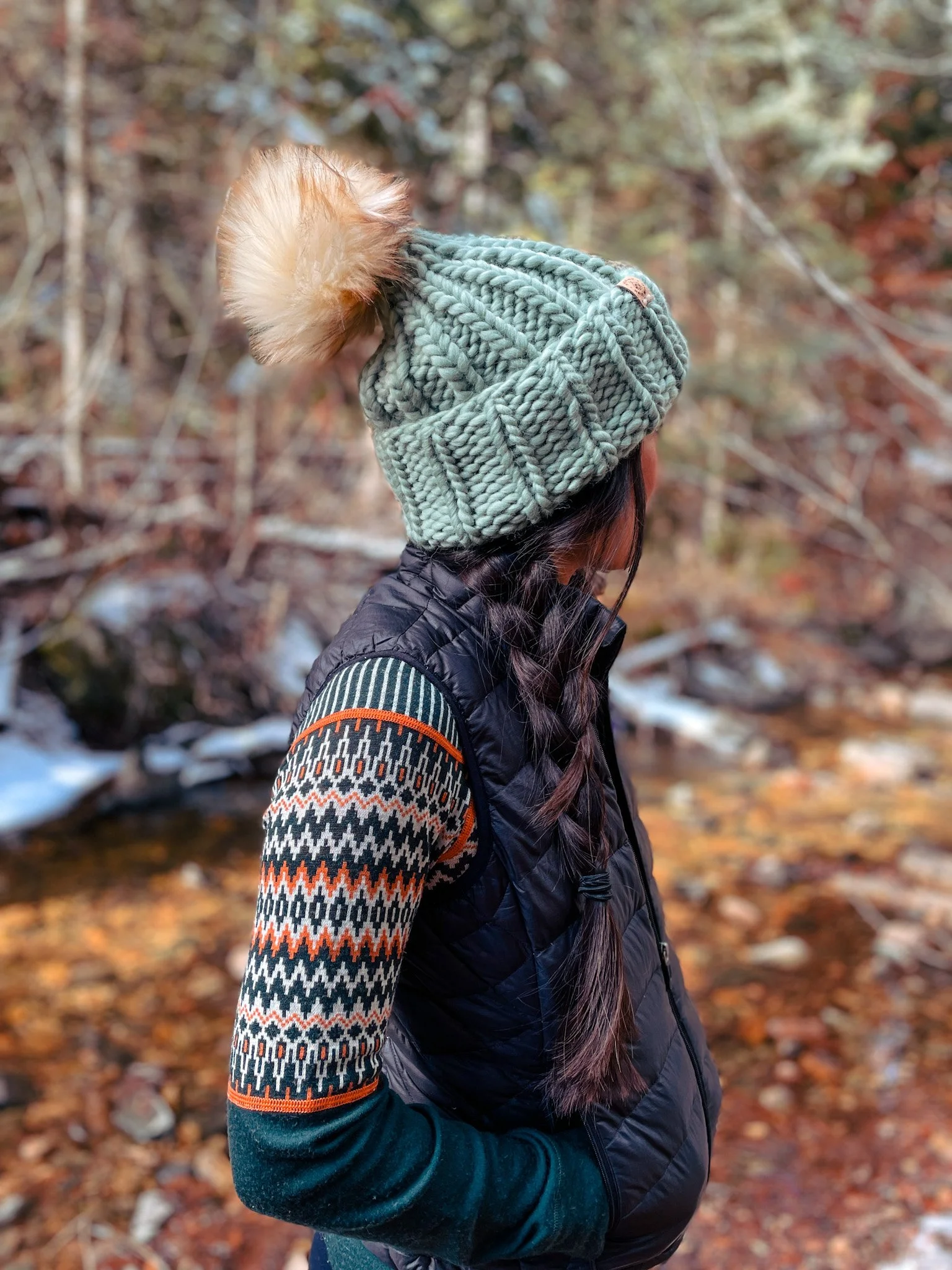 handmade knit beanie with pom pom sage green