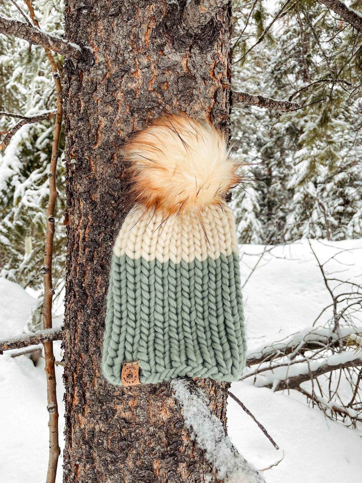 dusty sage green color block ribbed knit wool beanie