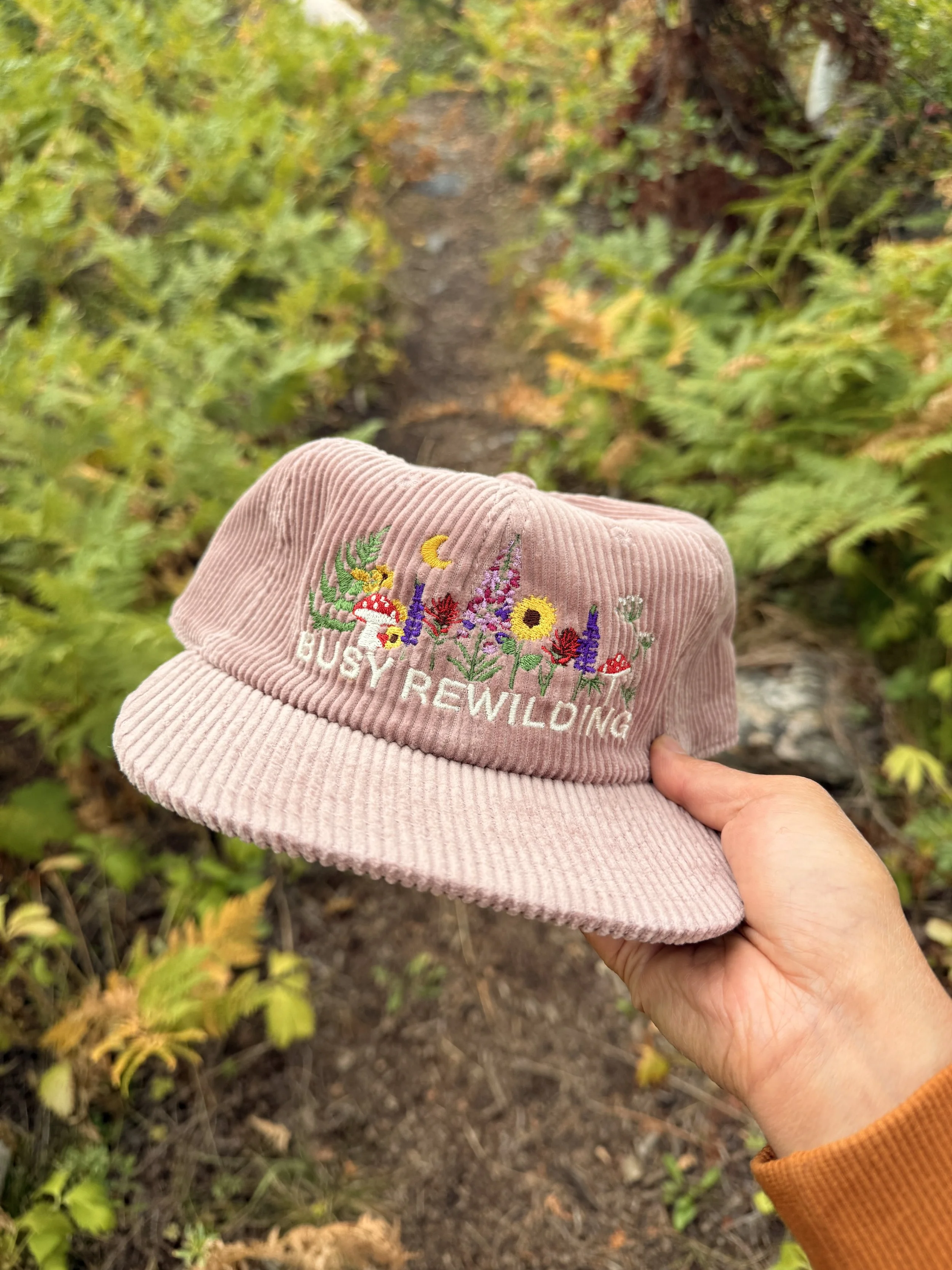 Busy Rewilding Embroidered Corduroy Hat - Dusty Rose