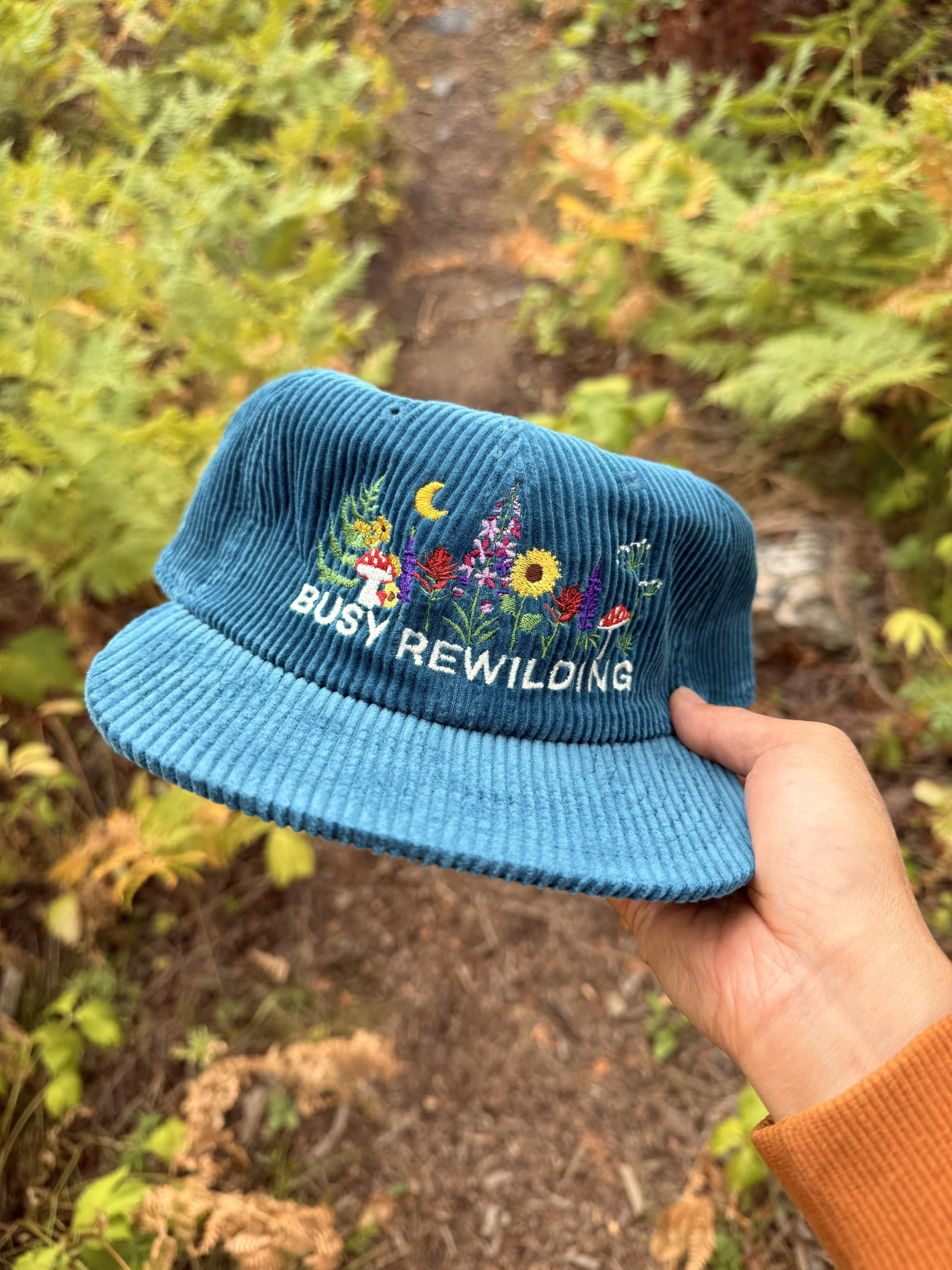 Busy Rewilding Embroidered Corduroy Hat - Teal