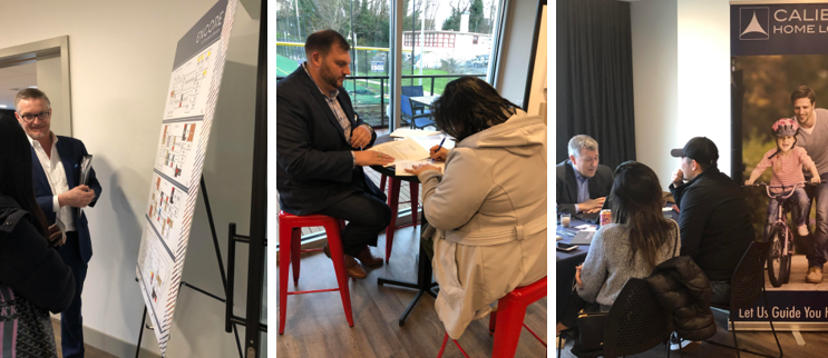 Above: Members of BDR, RSIR and Caliber Home Loans meet with prospective buyers during the Encore at Columbia Station pop-up reservation event.