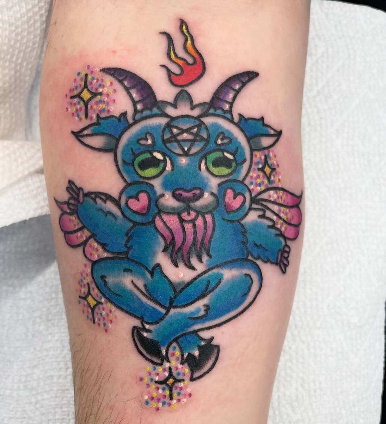 Baphomet by @paigehunterart! Paige has some space available, hit her up directly for appointments!