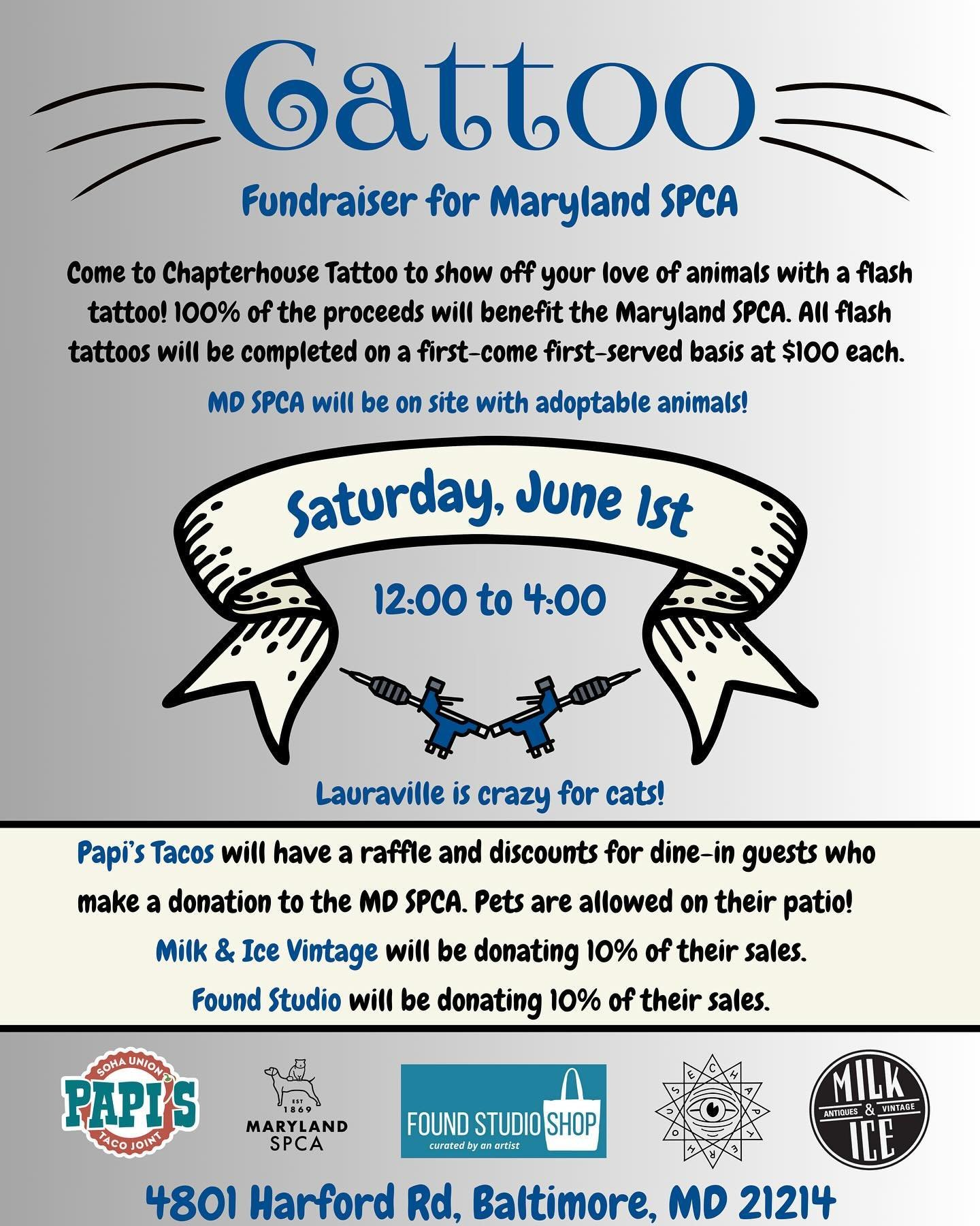 Save the date!! On June 1st we will be doing a flash event to benefit the @mdspca! Tattoos will be done on a walk-in first come first served basis, and 100% of the proceeds will be donated! @milkandicevintage will also be donating 10% of their sales 