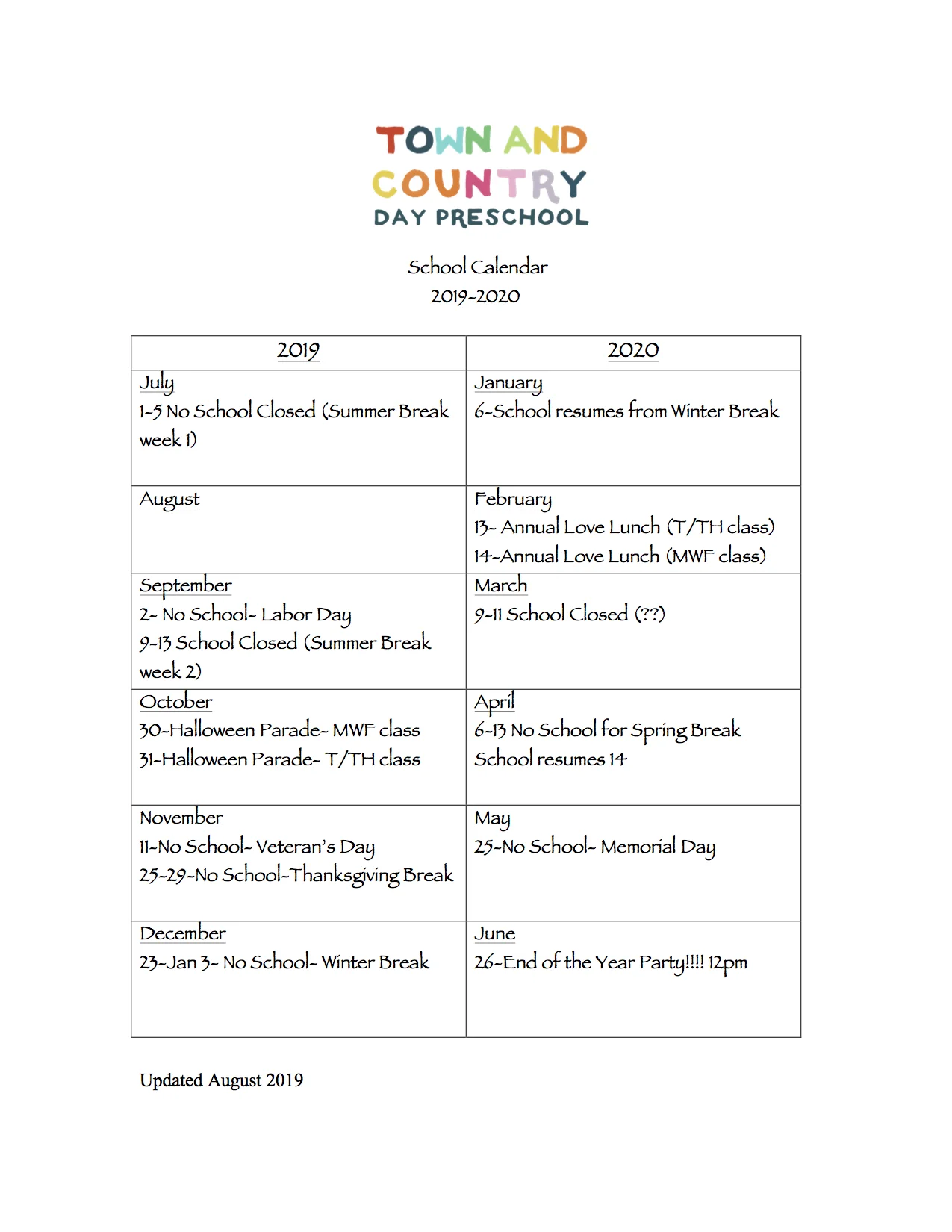 SCHOOL CALENDAR — Town & Country Day Preschool