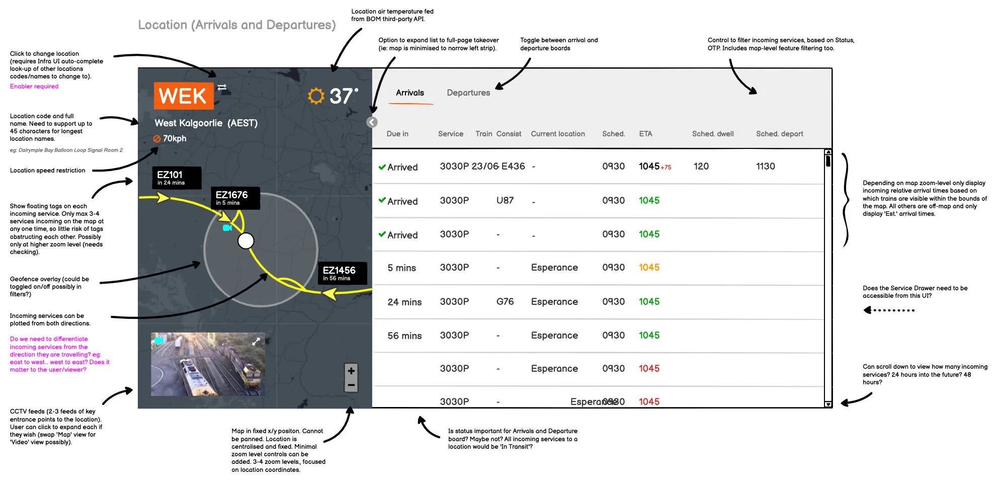  I created a series of wireframes to explore how user pain-points could be alleviated by a single integrated view, which visualised real-time GPS tracking of trains and cars. This included geo-fences, live weather overlays, CCTV feeds and track tempe