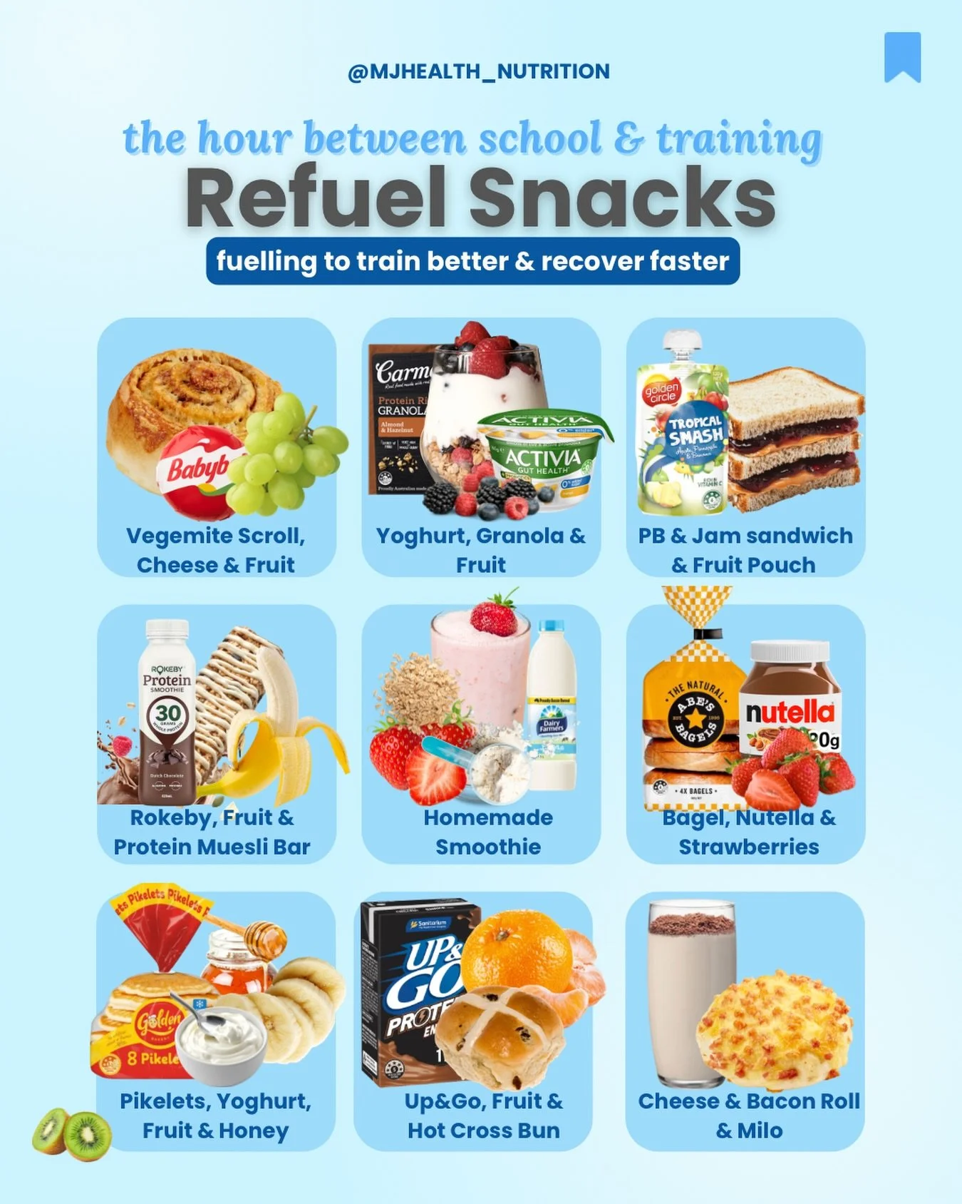 What to eat in that 1&ndash;2 hour window after school and before training ⬇️⬇️

Athletes finish school hungry and tired and they need something to fuel them before training that won&rsquo;t make them feel sick or heavy. 

What to look for in a good 