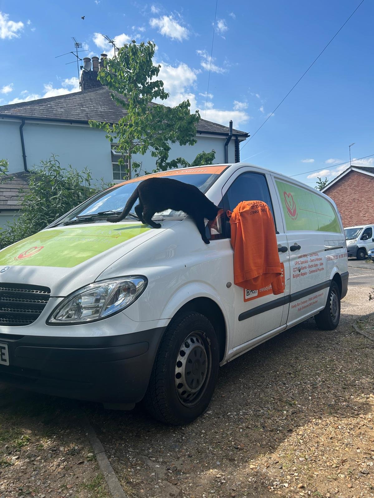 A black cat reaching into the window of a white work van with orange and green signage, parked outdoors on a dirt area. The van is advertising a security company, with a bright orange shirt hanging from its side mirror. In the background, there are h