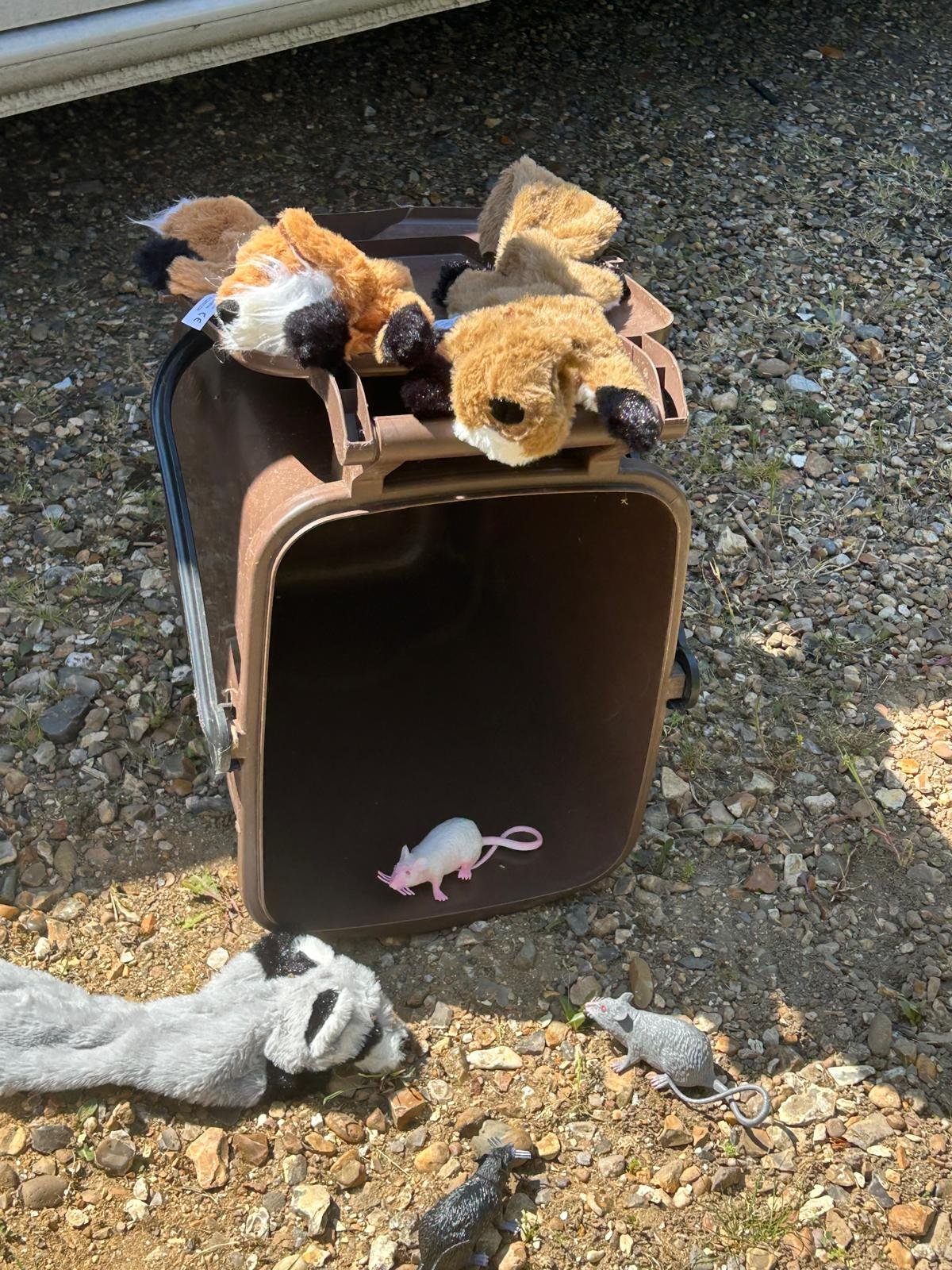 A collection of stuffed animals, including several foxes and a cat, are placed on and around a brown trash bin. Inside the bin, there are plastic toy mice, and several toy mice are on the ground outside.