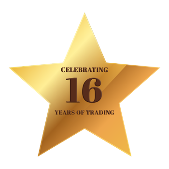 Gold star with the text Celebrating 16 Years of trading