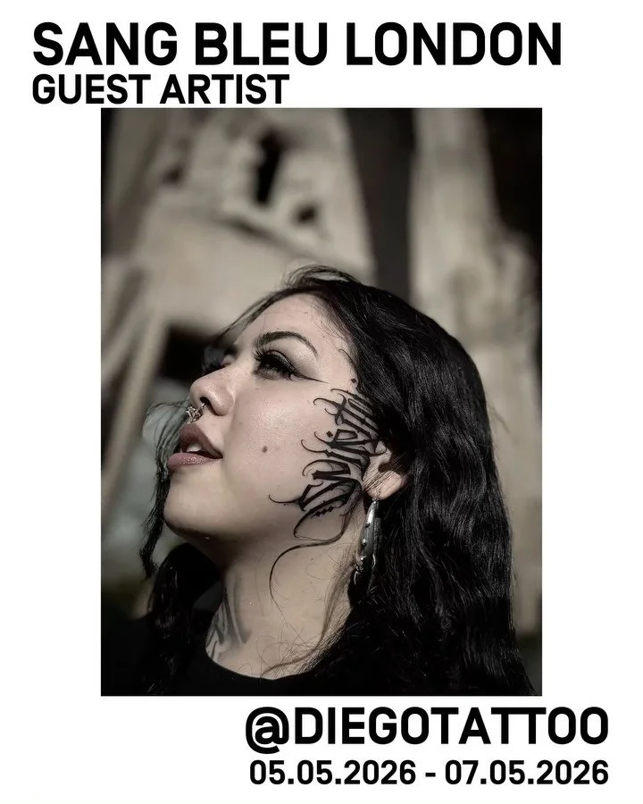 The visionary lettering artist @diegotattoo will be guesting with us!  Specialising in custom script, freehand dark lettering, and gothic typography. DM for availability in London 5th - 7th May 2026.

Look forward to hosting you Diego