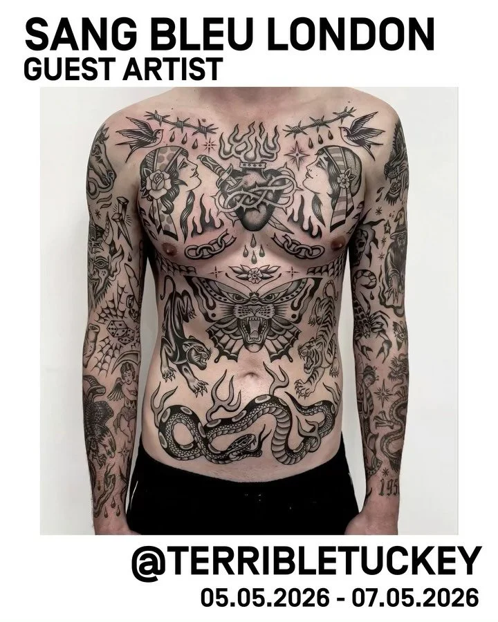 We are very pleased to welcome guest artist @terribletuckey to our studio. 

Coming in from the Gold Coast and bringing that classic flash and timeless iconic traditional imagery, we cannot wait to have you with us Ben! 

Guesting with us @sangbleuta