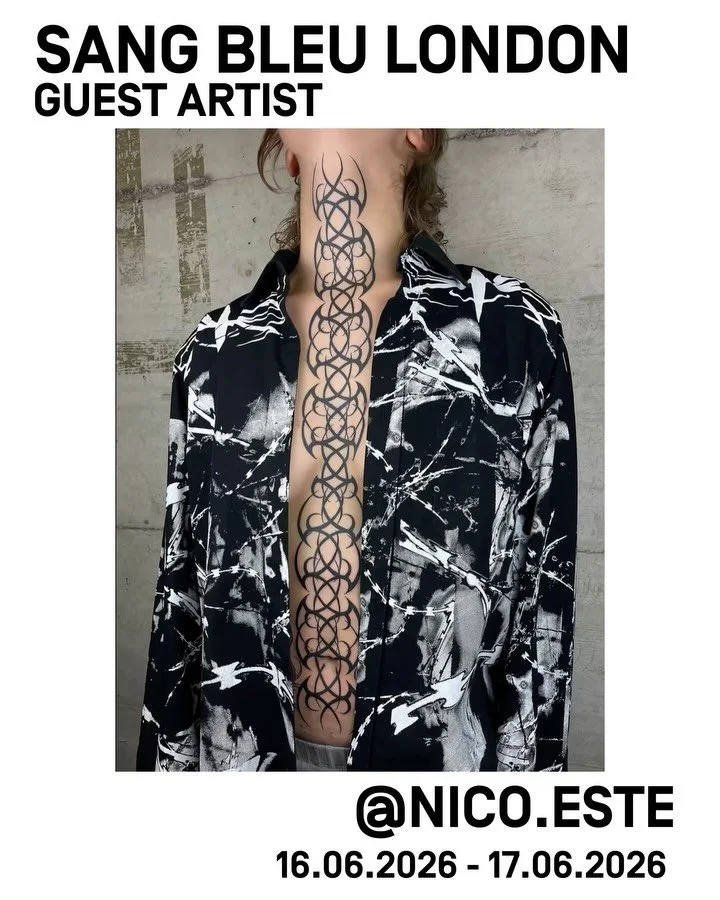 We are very pleased to welcome guest artist man like @nico.este to our studio. 

Bringing bold, strong sigils and make your all cyber tribal dreams come true. 

Slots left with us @sangbleutattoolondon 16th June - 17th June. DM for more information 
