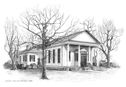 A black and white sketch of a historical building with a portico, surrounded by leafless trees.