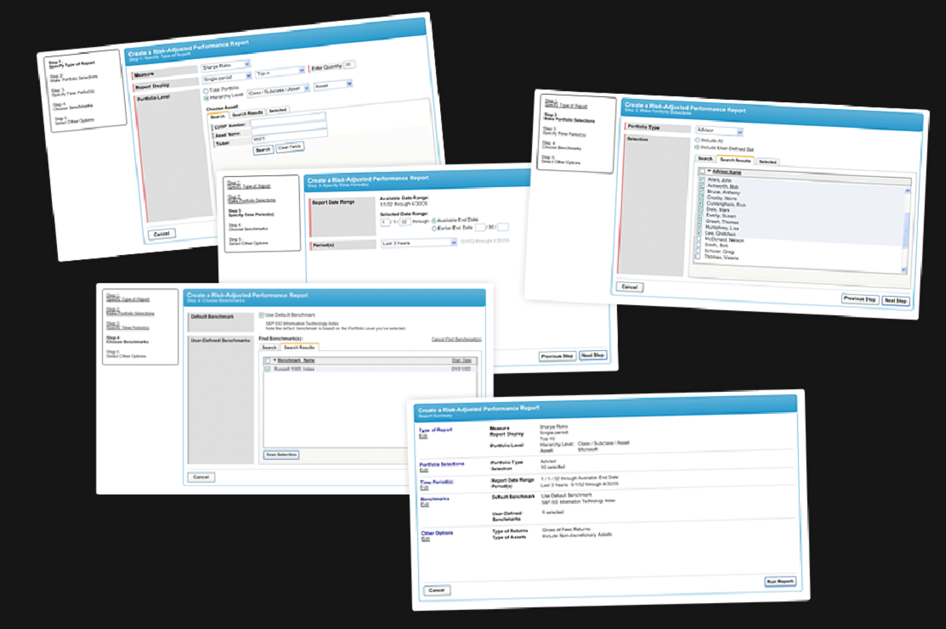 Screenshots of report builder screens