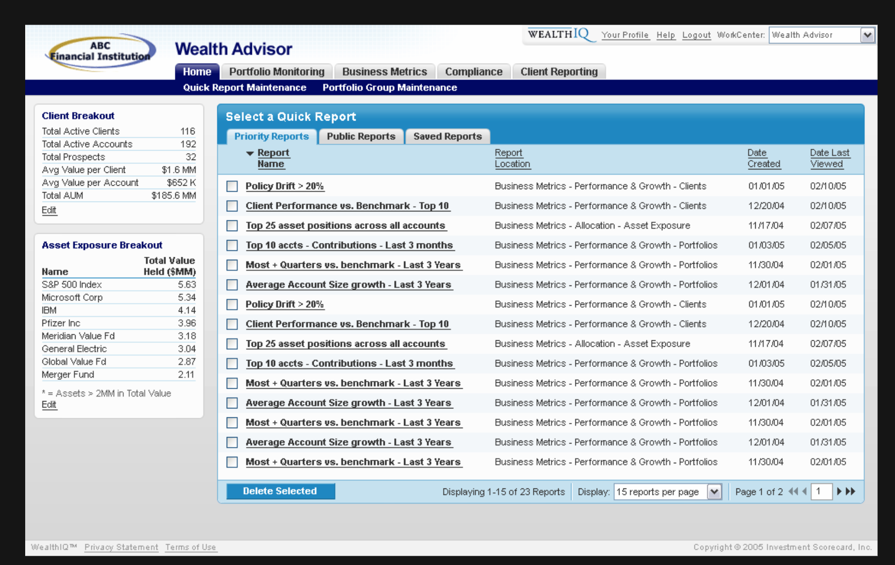 Screenshot of quick report screen