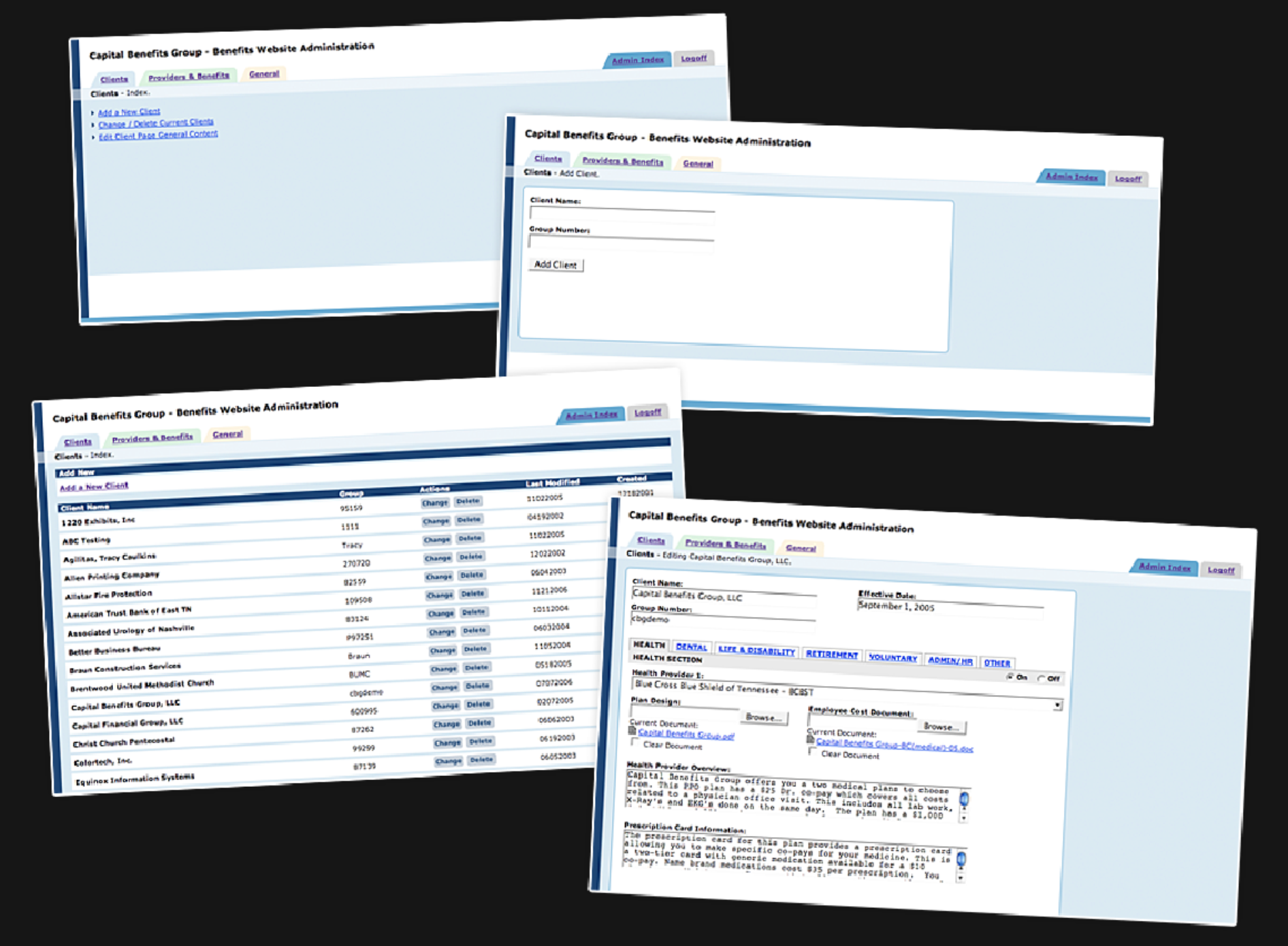 Various management system screenshots