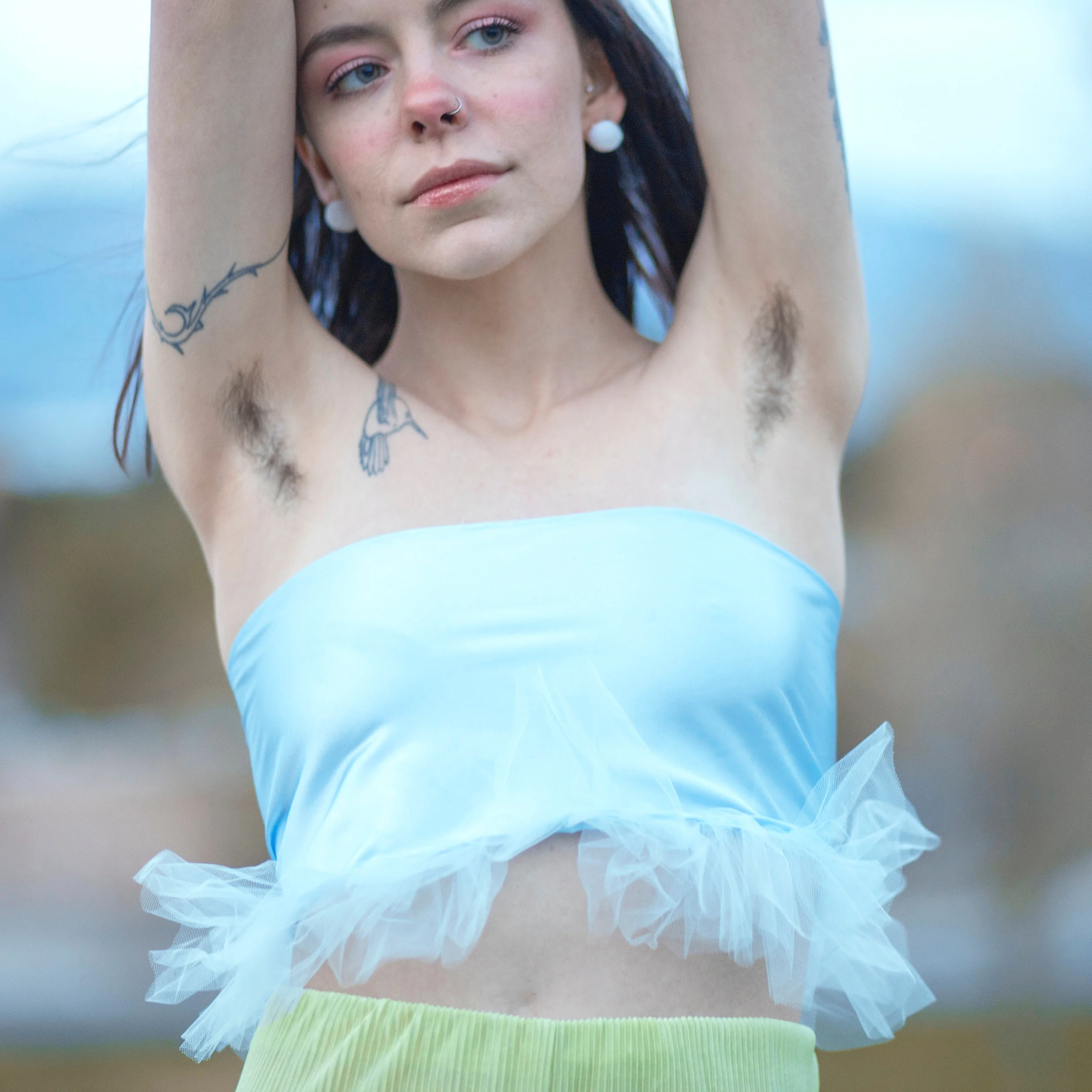 silk blue strapless crop top with tulle ruffles (small-medium)