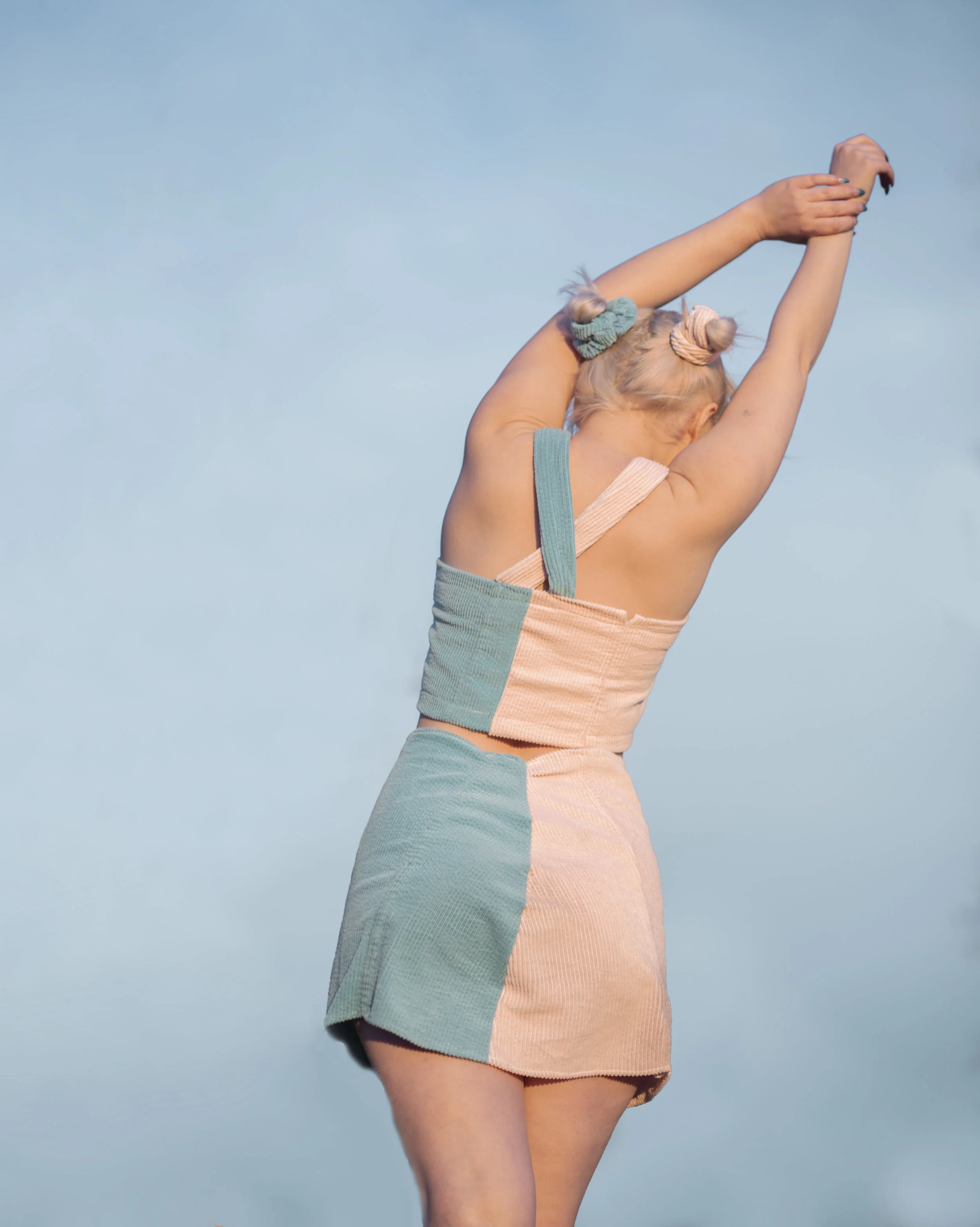 pink and blue half n half corduroy button up skirt and top (small)