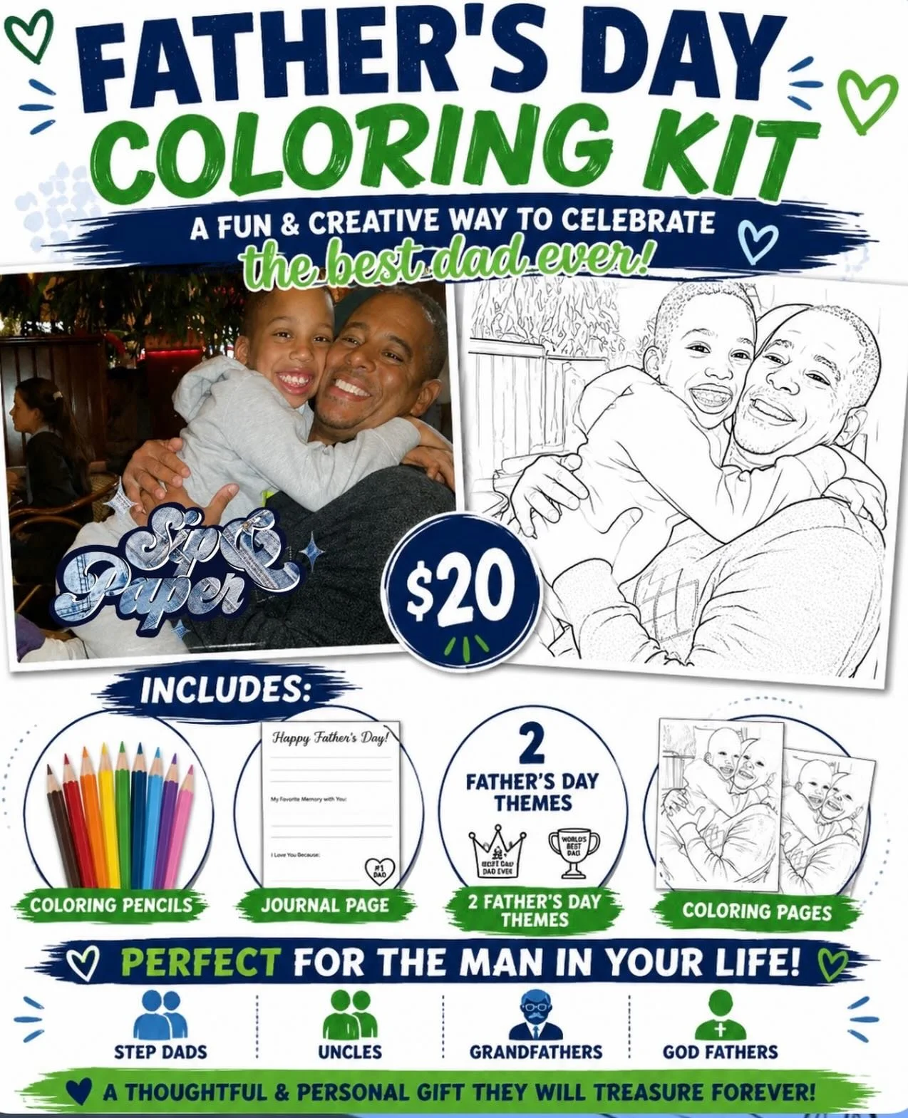 Celebrate the men who show up, love hard, and lead with heart.
Our Father&rsquo;s Day Coloring Kits are the perfect gift for dads, stepdads, grandfathers, uncles, and godfathers.
Something personal. Something creative. Something from the heart. 🎨
$2