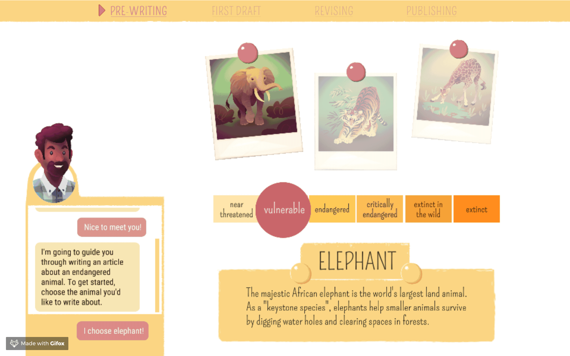 Players begin by choosing an endangered species to write about. Over the course of the game, they must use their writing skills to raise awareness about their chosen species and help prevent it from becoming extinct.