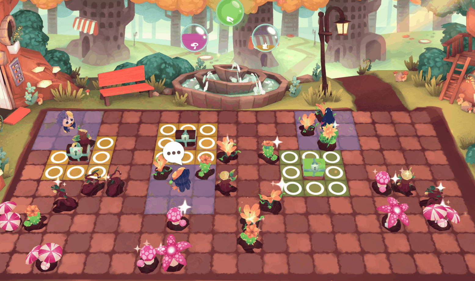 Players collaborate to place plants in the garden, water them, and open treasure chests.