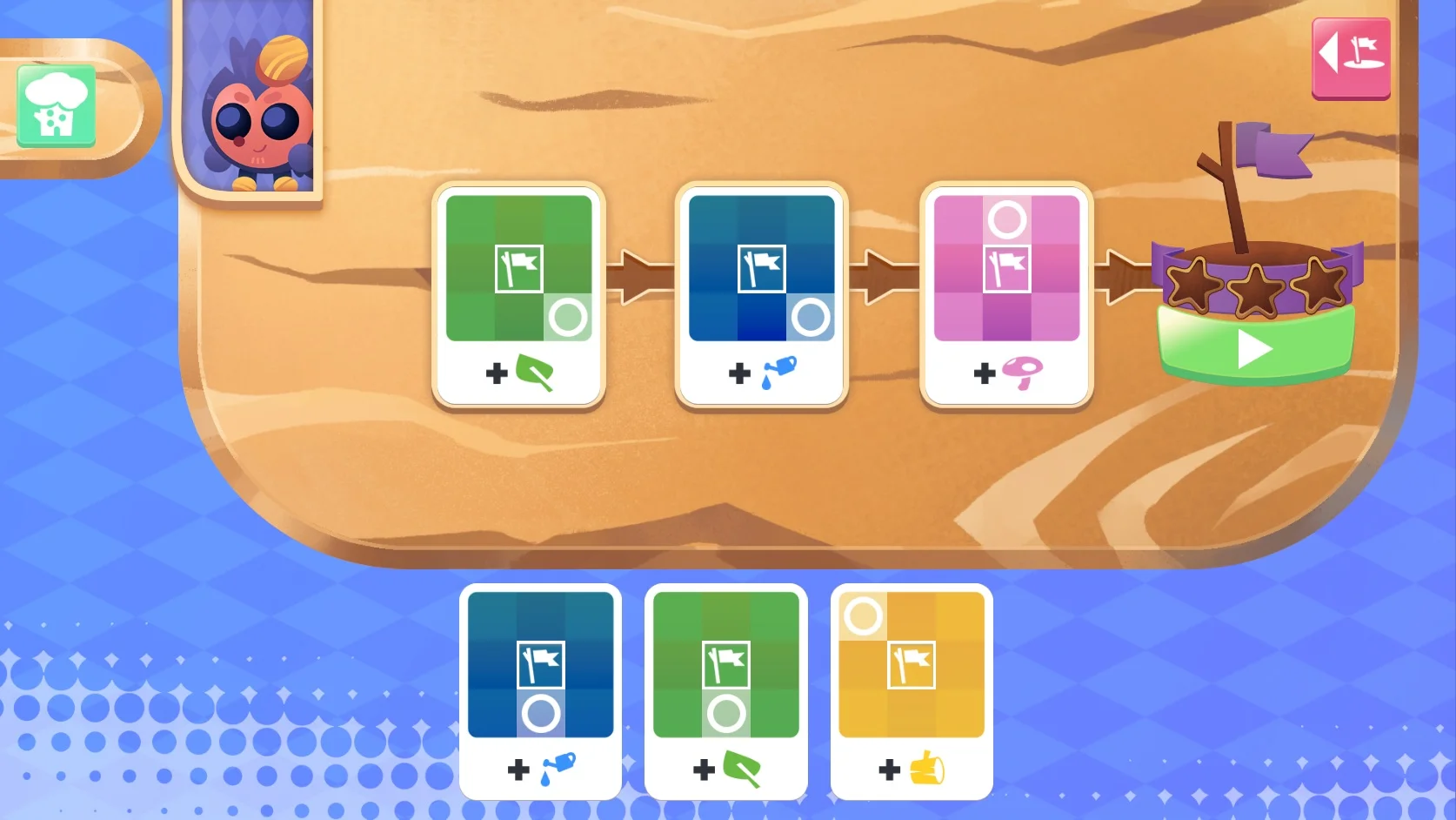Players program creatures by placing plant and watering cards into their state machines.