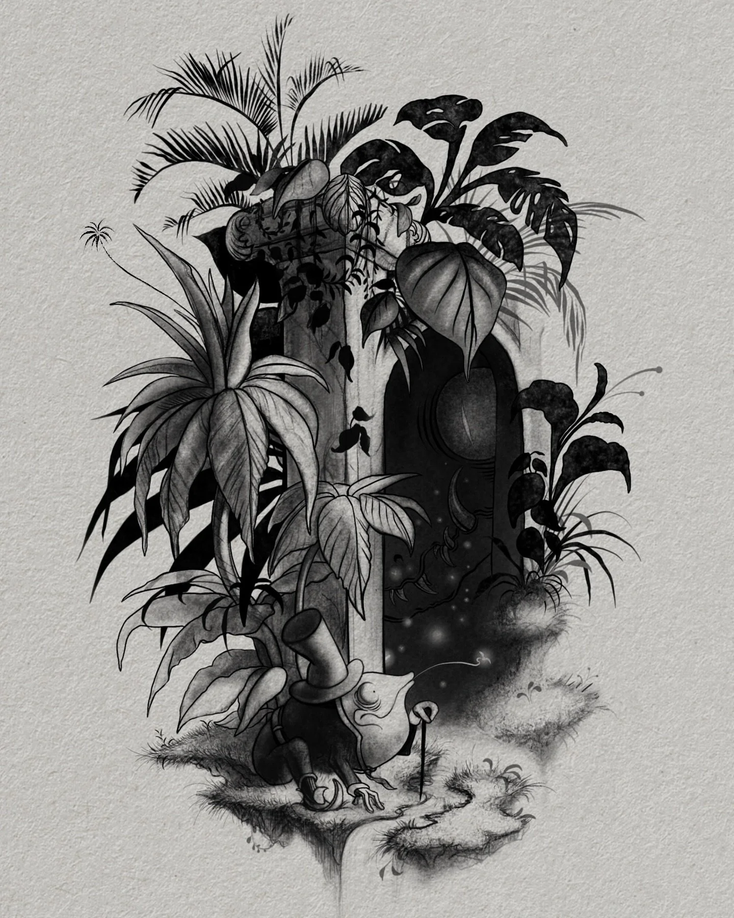 The Fancy Frog &amp; The Cave 🐸🌴

Pen &amp; Ink + Digital.