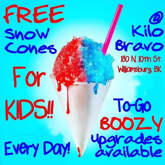 It&rsquo;s hot out! Grab a #freesnowcone for your kiddo or a #boozysnowcone for yourself! Open today 12pm-8pm