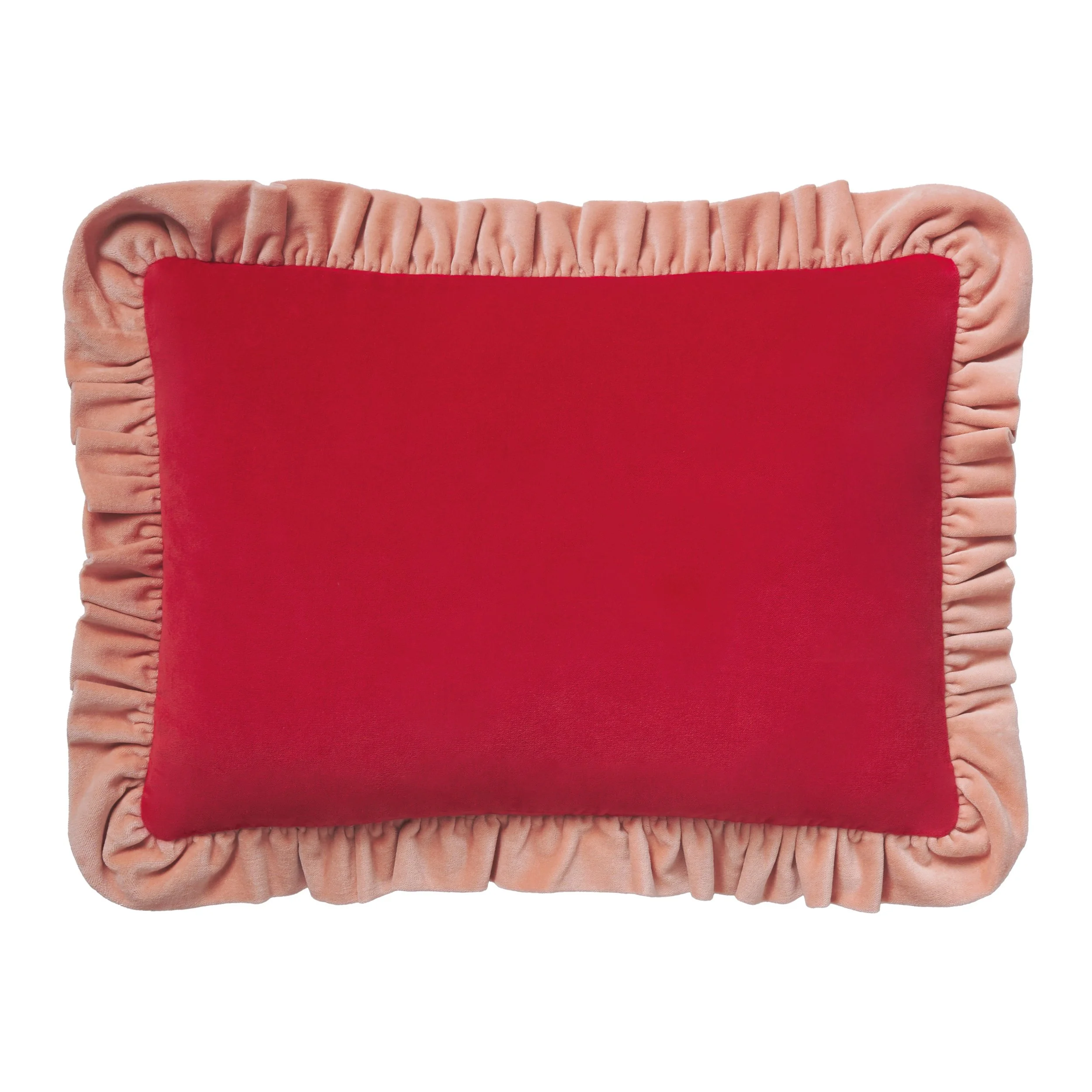 Velvet frill cushion, red