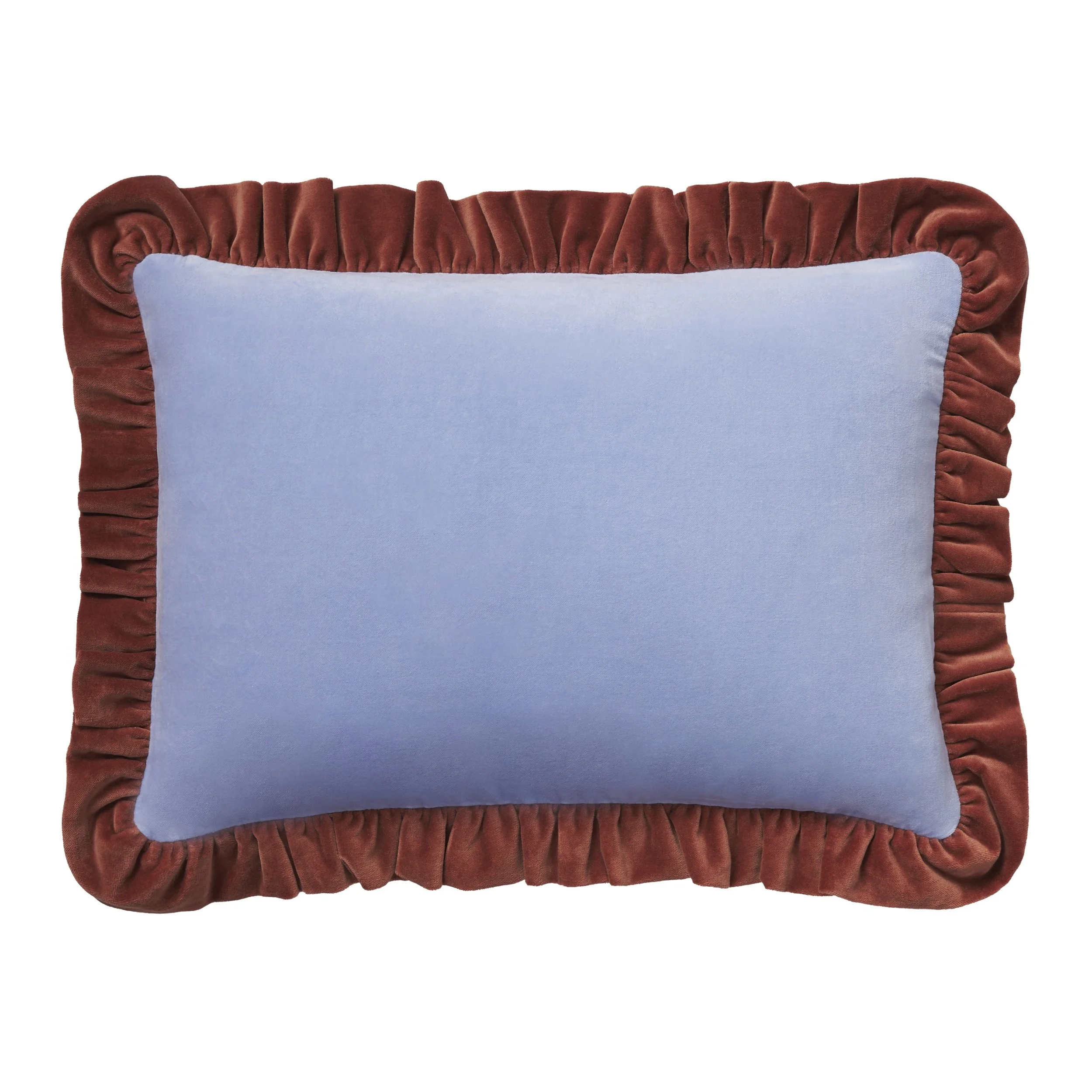 Velvet frill cushion, cornflower/rust