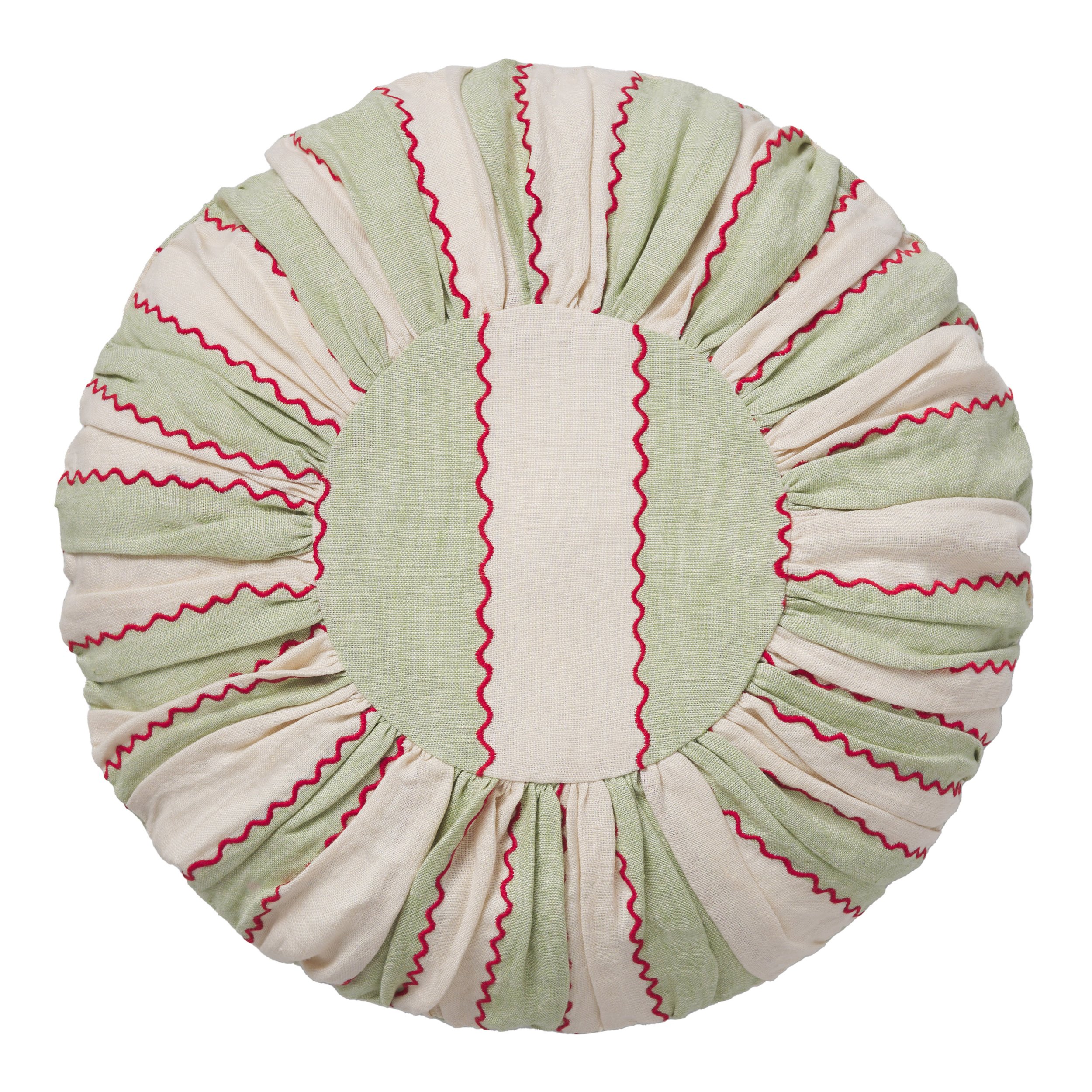 Marionette stripe embroidered round cushion, red on pistachio