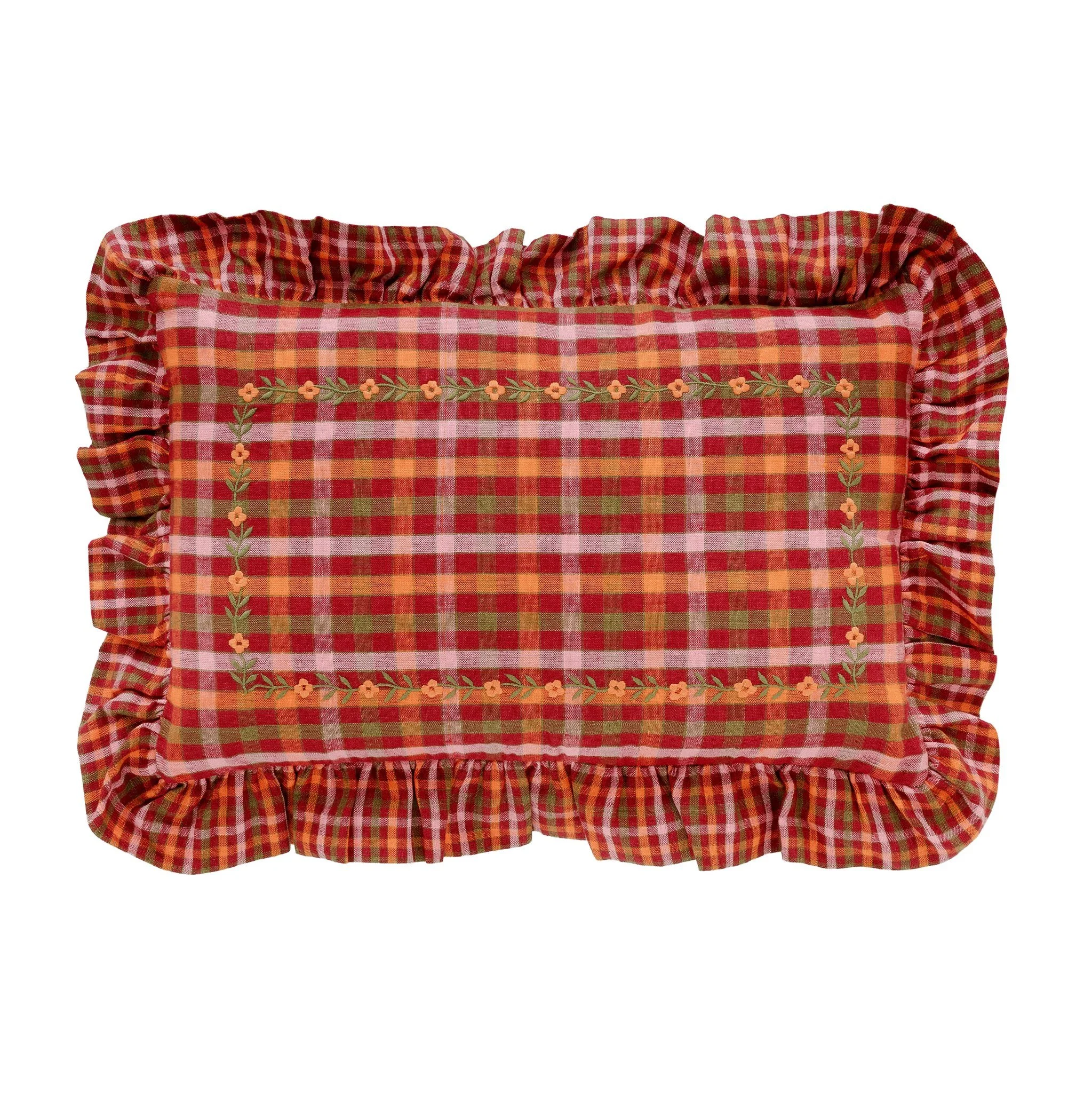 Luumu, check frill embroidered cushion