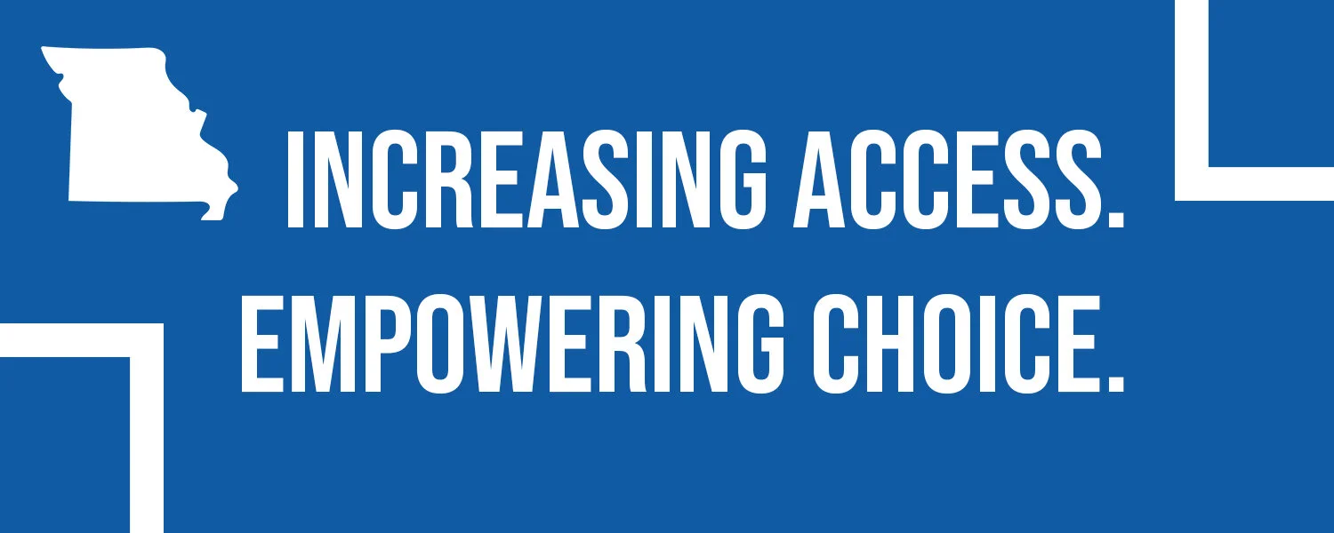 Image with MOAF motto Increasing Access. Empowering Choice. Outline of state of Missouri.