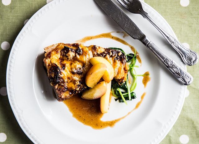 Pork Chop Topped With Welsh Rarebit, Caramelised Onions and Apples! #Food #JulesRestaurant #Weobley #Herefordshire