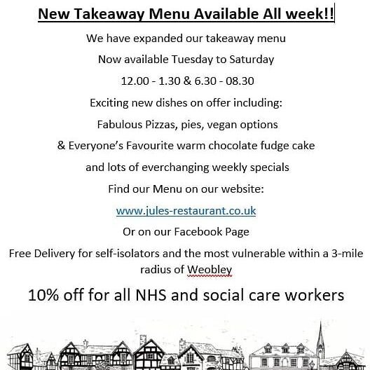 We have extended our takeaway menu!
Find the full menu on our website and Facebook page!
#julesrestaurant #Weobley #Herefordshire #Takeaway