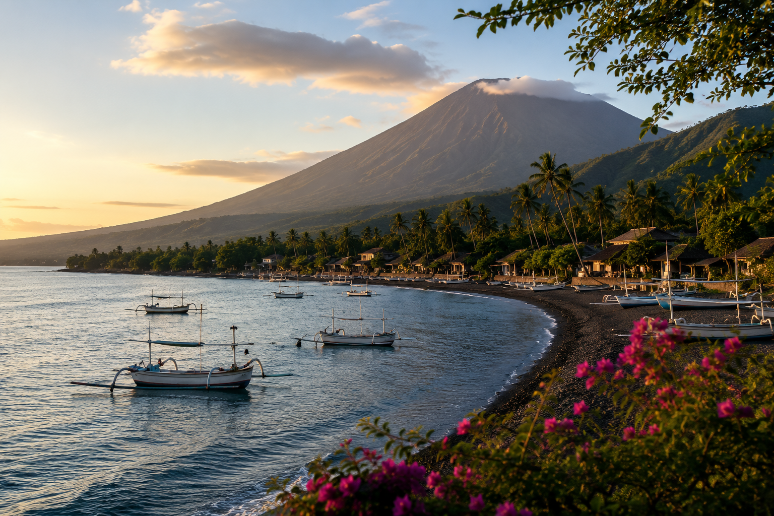 A scenic view of a beach with boats on the water, a mountainous volcano in the background, tropical trees, and colorful flowers in the foreground during sunset.