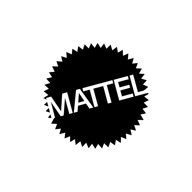 Black starburst emblem with the word 'MATTEL' in white capital letters