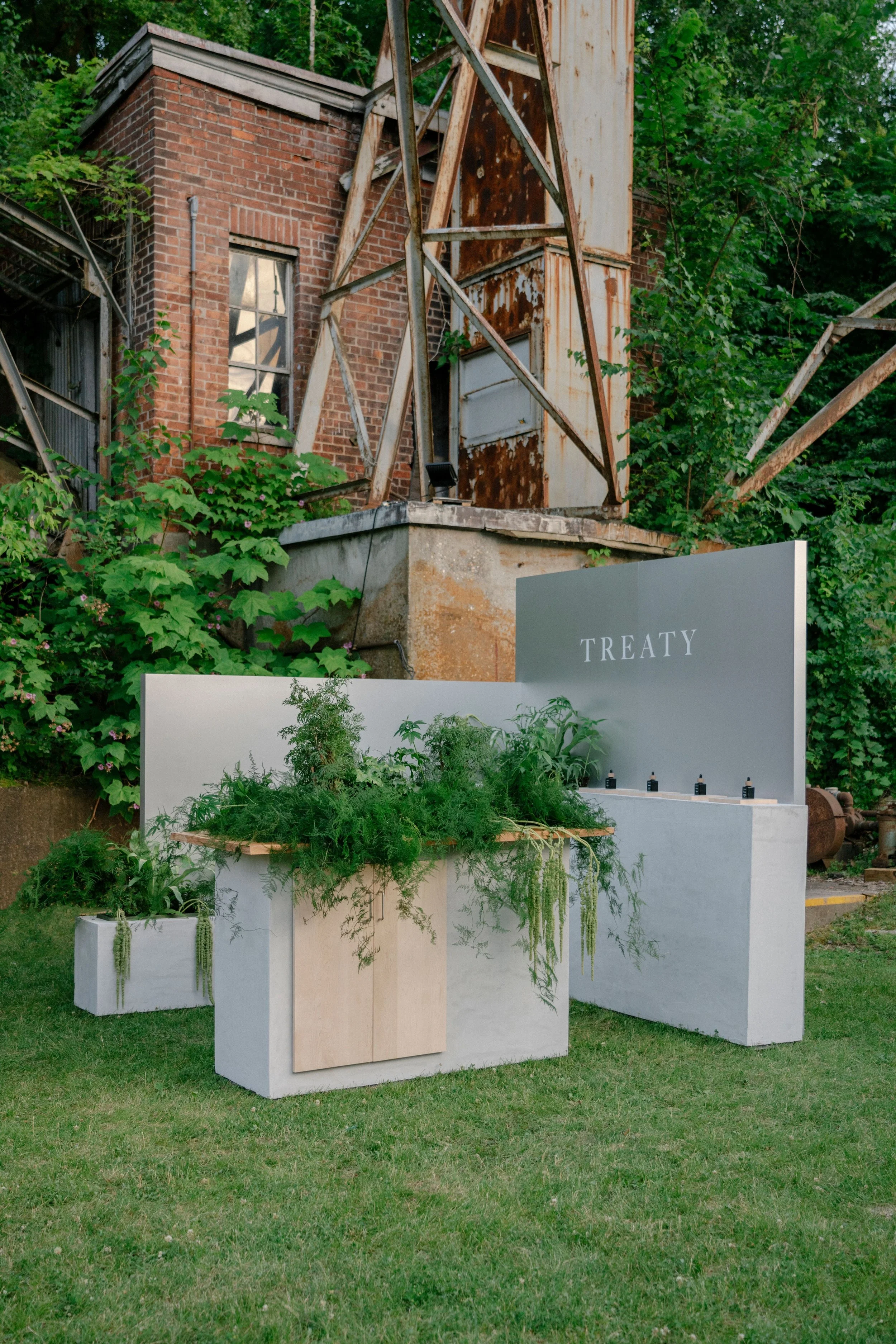 An outdoor display with plants and a gray sign that reads "TREATY". The background includes an old brick building with rusted metal structures and green foliage.